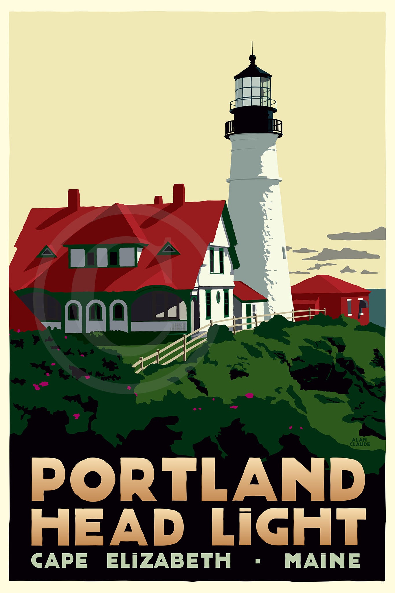 Portland Head Light Art Print 24" x 36" Travel Poster By Alan Claude - Maine