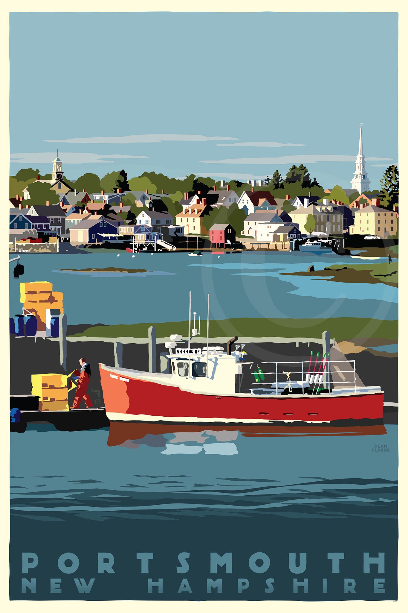 Portsmouth Lobster Boat Art Print 24" x 36" Travel Poster By Alan Claude - New Hampshire