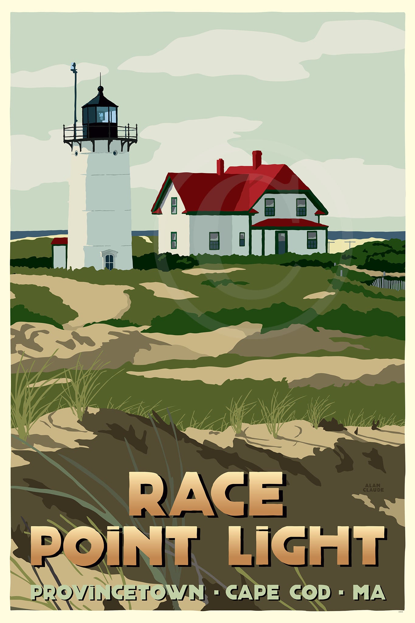 Race Point Light Art Print 24" x 36" Travel Poster By Alan Claude - Massachusetts