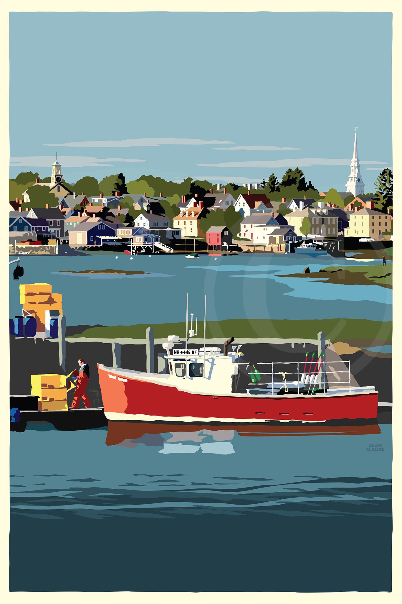 Red Lobster Boat Art Print 24" x 36" Wall Poster By Alan Claude - New Hampshire