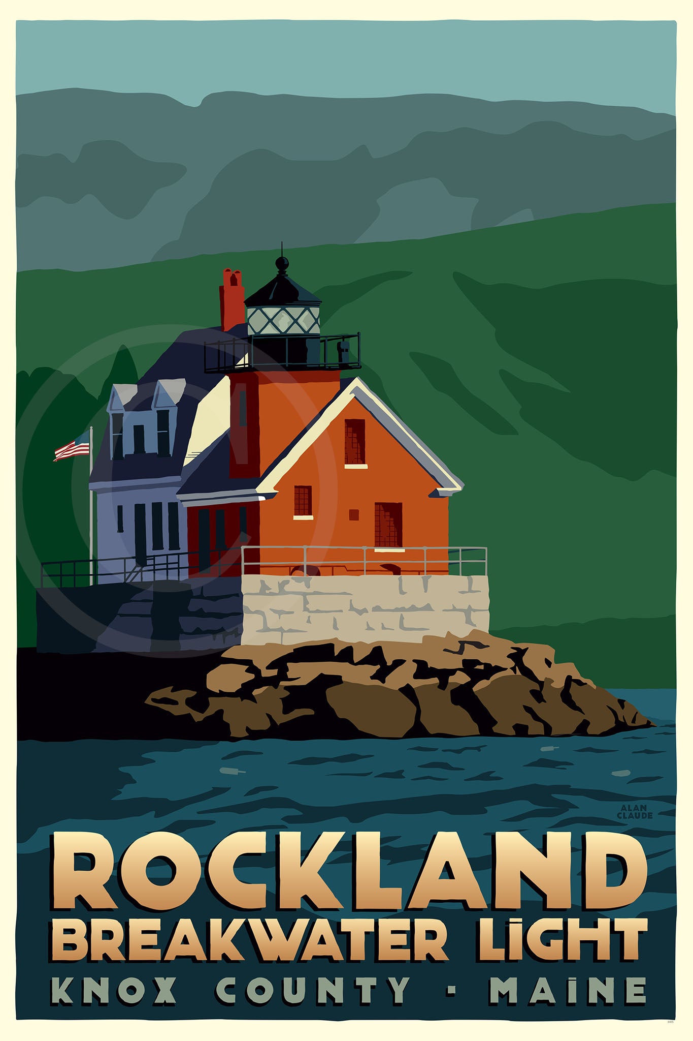 Rockland Breakwater Light Art Print 24" x 36" Travel Poster By Alan Claude - Maine