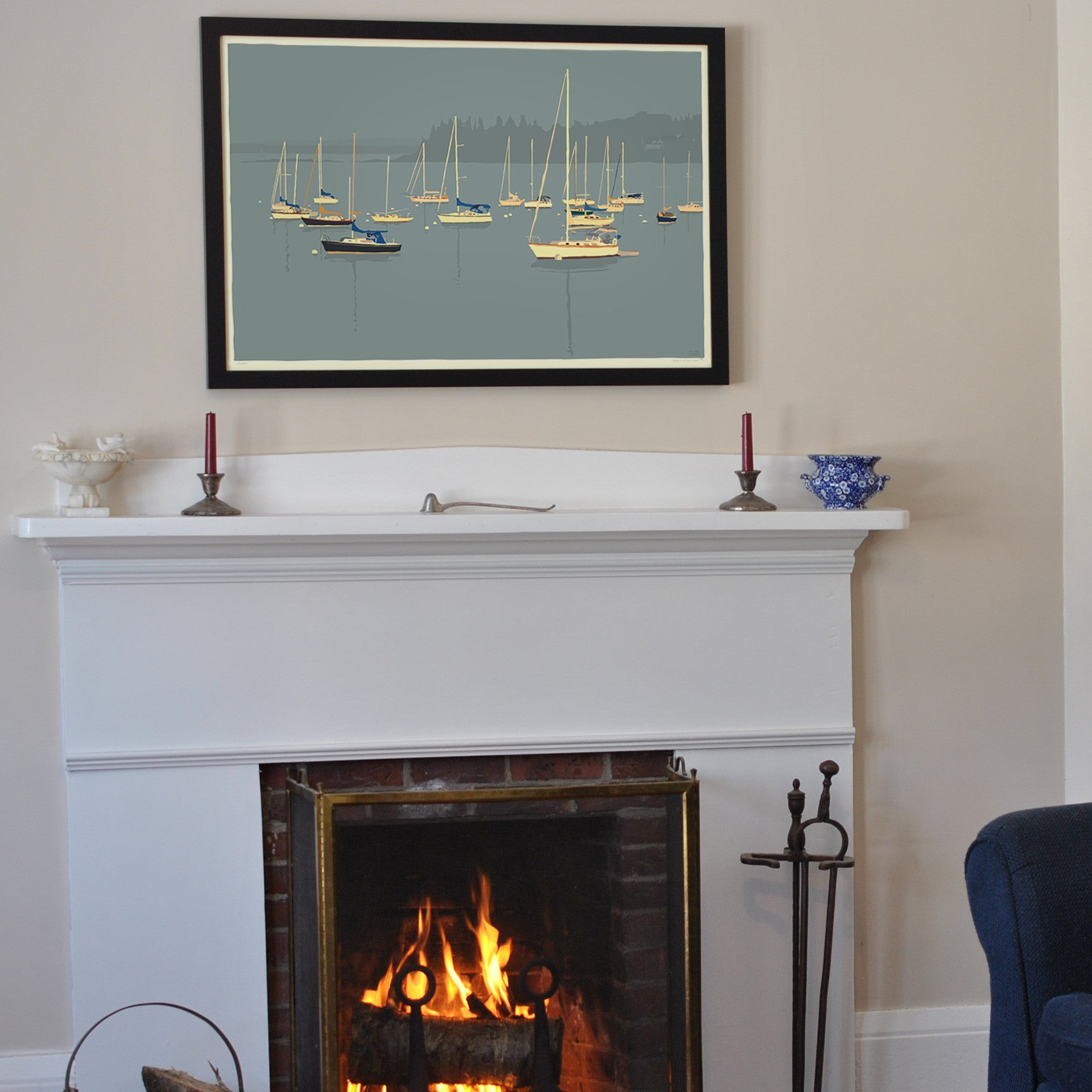 Sailboats in Rockland Harbor Art Print 24" x 36" Framed Wall Poster By Alan Claude  - Maine