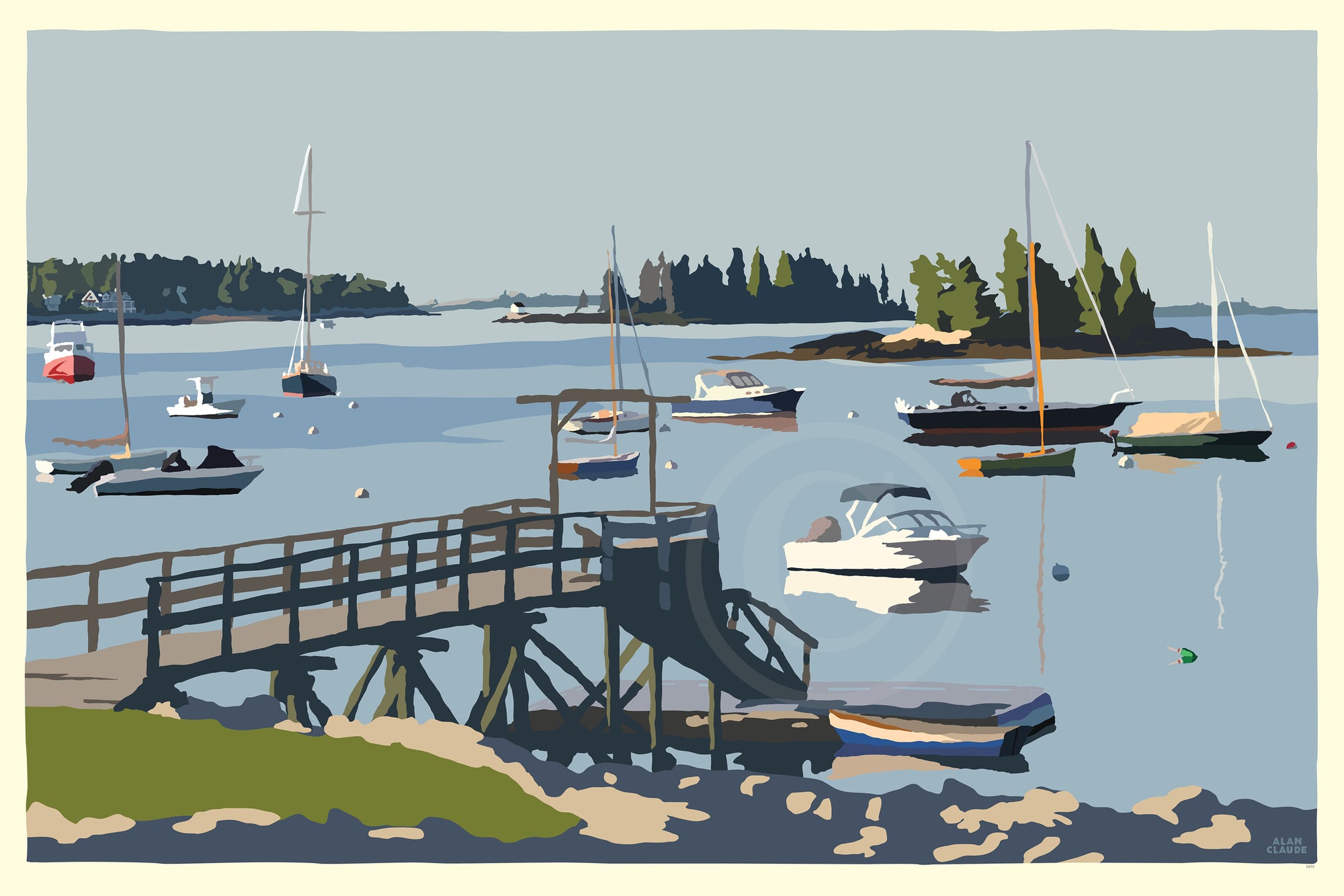 Sailboats in Boothbay Harbor Art Print 24" x 36" Wall Poster By Alan Claude - Maine