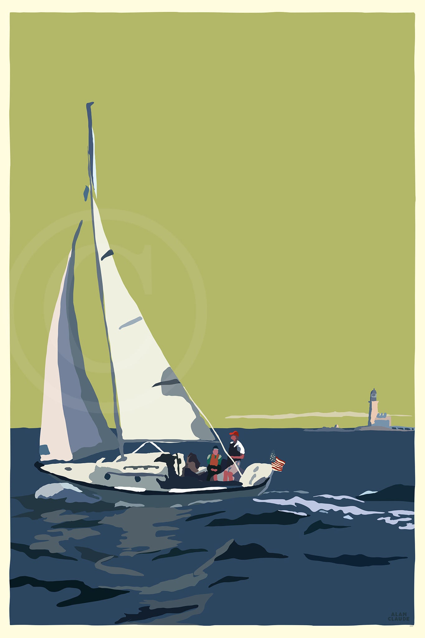 Sailing Half Way Rock Light Art Print 36" x 53" Wall Poster By Alan Claude - Maine