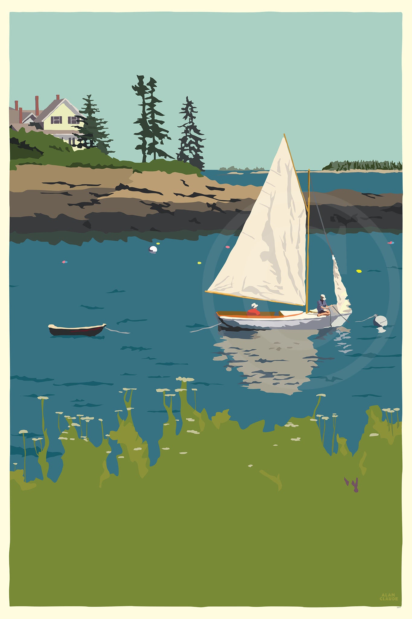 Sailing Long Cove Art Print 24" x 36" Wall Poster By Alan Claude - Maine