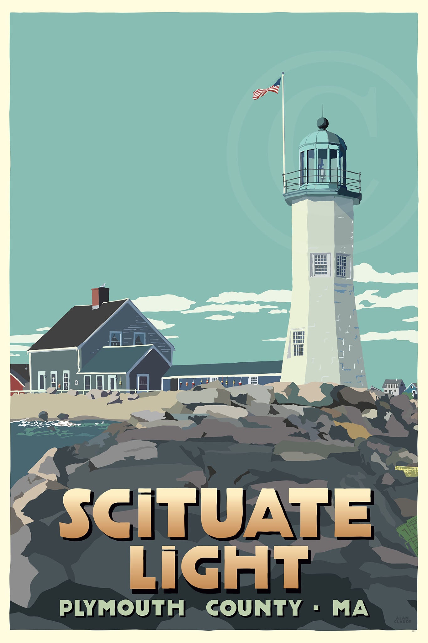 Scituate Light Art Print 24" x 36" Travel Poster By Alan Claude - Massachusetts