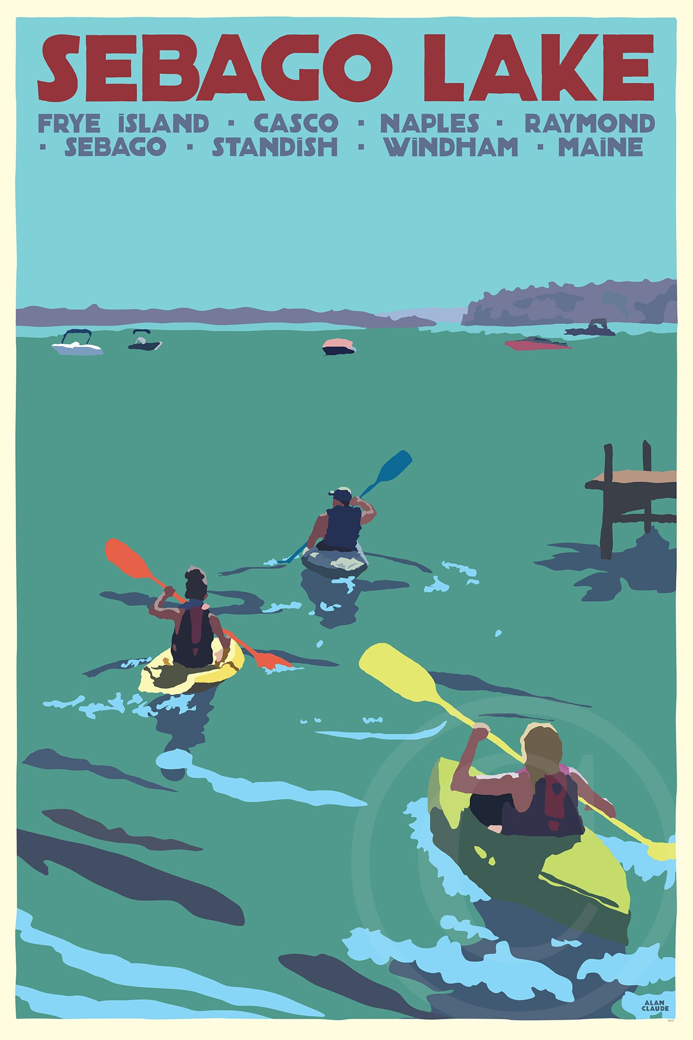 Sebago Lake kayakers Art Print 24" x 36" Travel Poster By Alan Claude - Maine