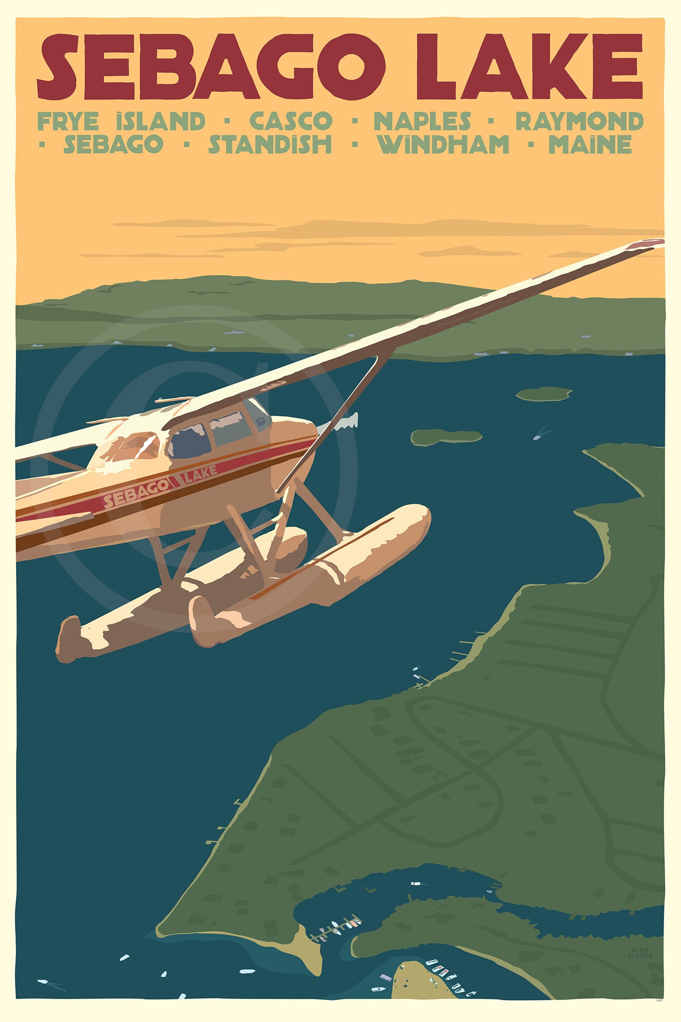 Sebago Lake Seaplane Art Print 24" x 36" Travel Poster By Alan Claude - Maine