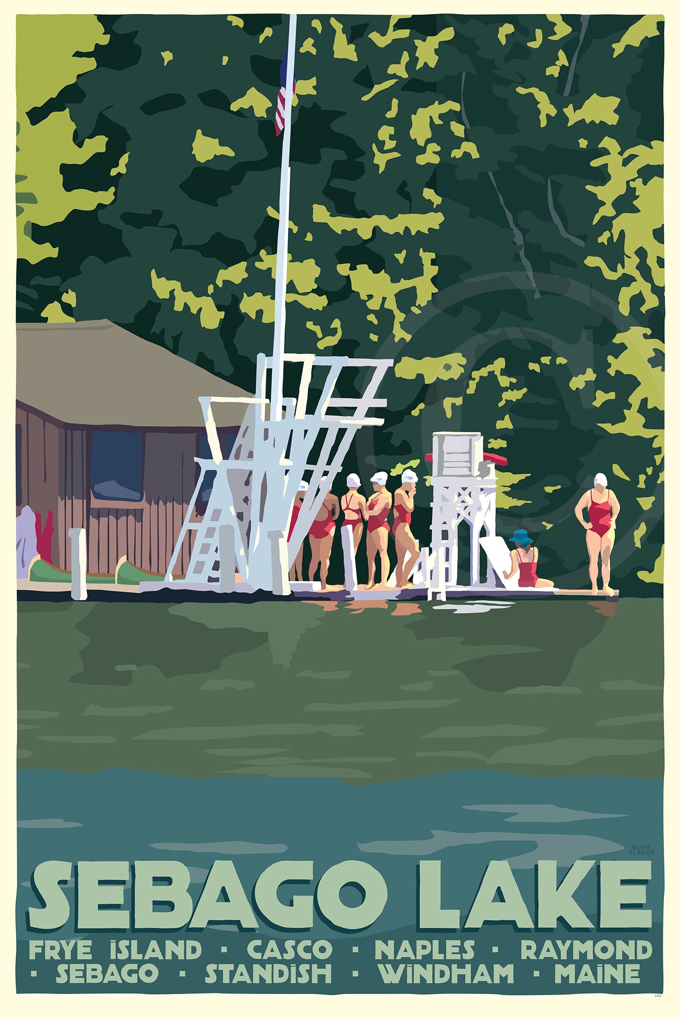Sebago Lake Swimmers Art Print 36" x 53" Travel Poster By Alan Claude - Maine