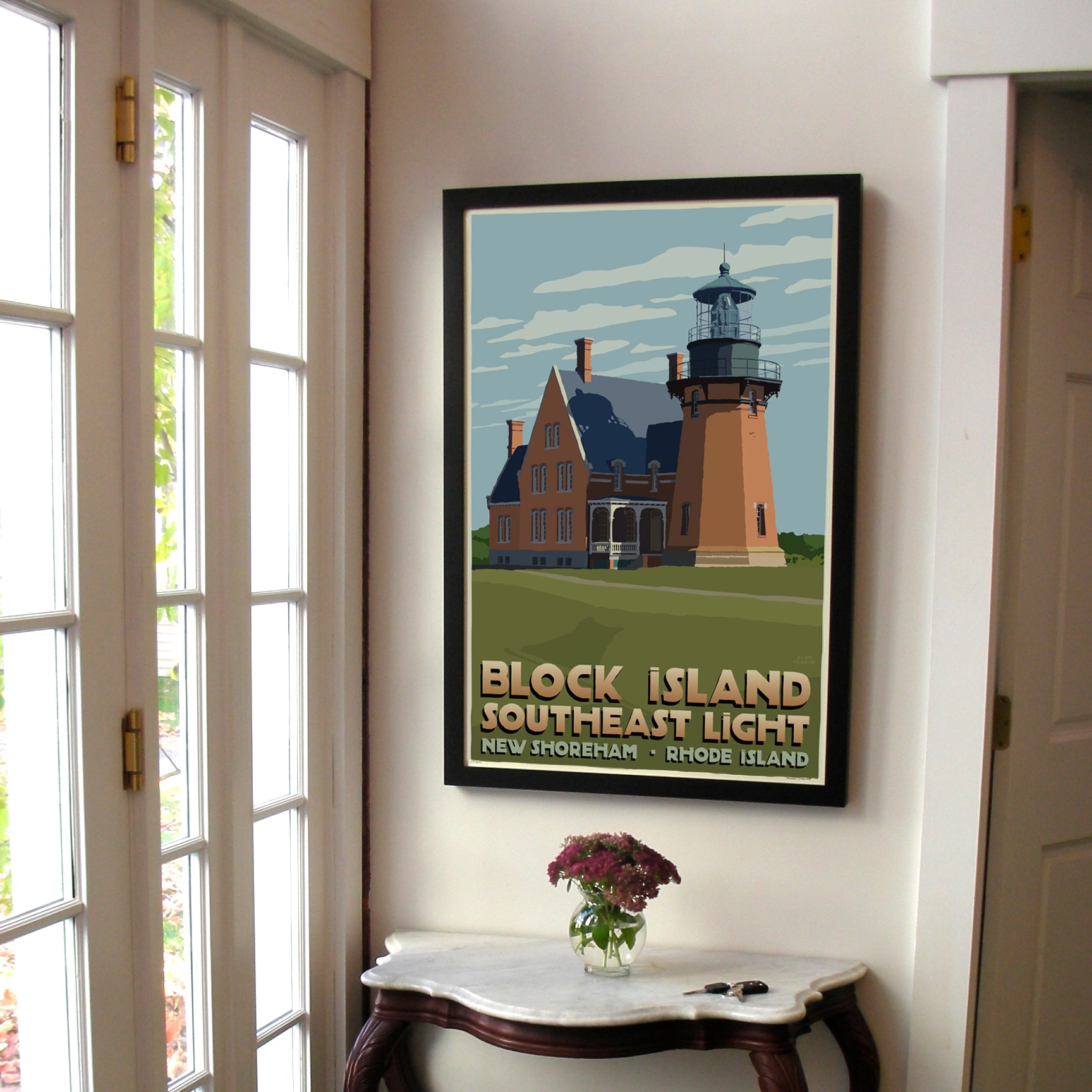 Block Island Southeast Light Art Print 24" x 36" Framed Travel Poster By Alan Claude  - Rhode Island