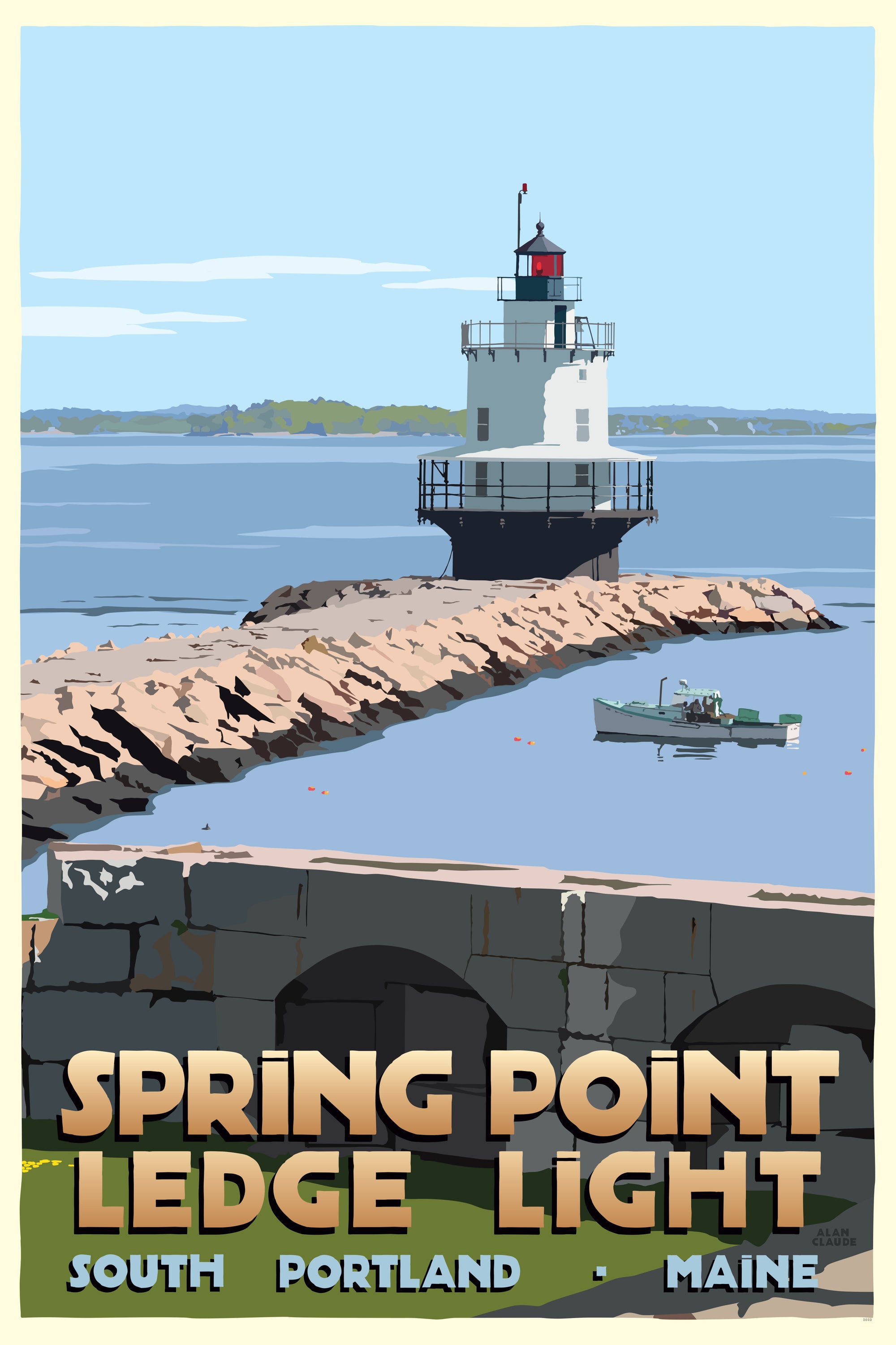 Spring Point Ledge Light Art Print 24" x 36" Travel Poster By Alan Claude - Maine