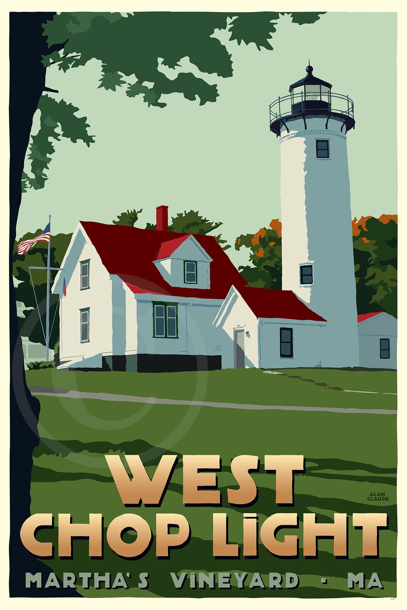 West Chop Light Art Print 24" x 36" Travel Poster By Alan Claude - Massachusetts
