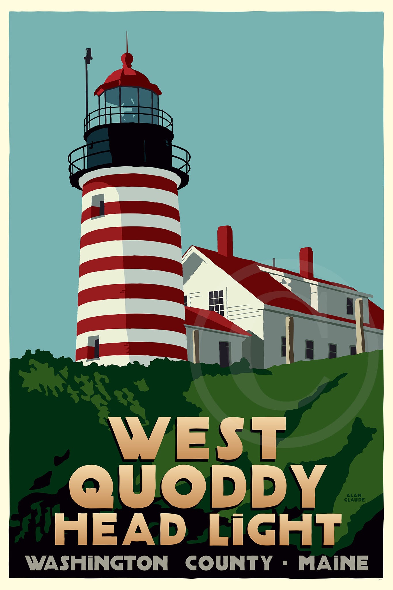 West Quoddy Head Light Art Print 24" x 36" Travel Poster By Alan Claude - Maine