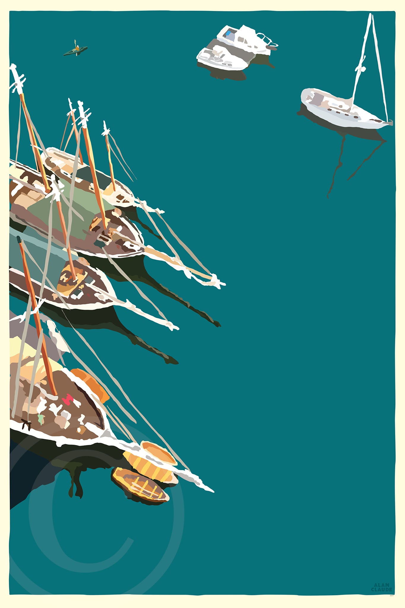 Windjammers In Camden Harbor Art Print 24" x 36" Wall Poster By Alan Claude - Maine