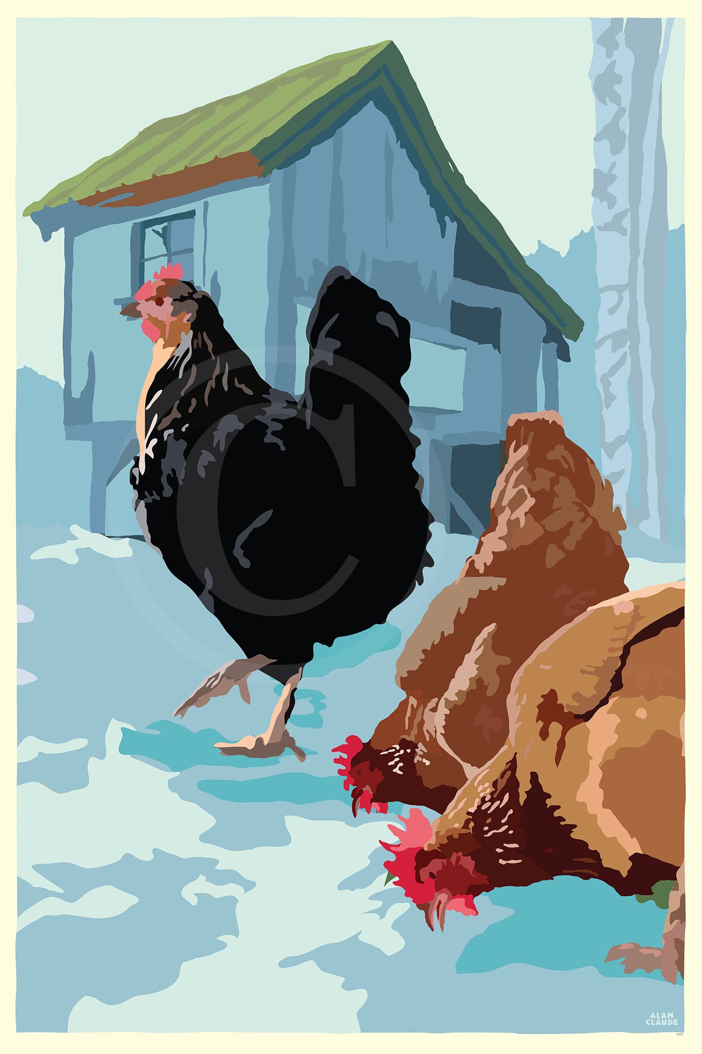 Winter Chickens Art Print 24" x 36" Wall Poster By Alan Claude - Maine
