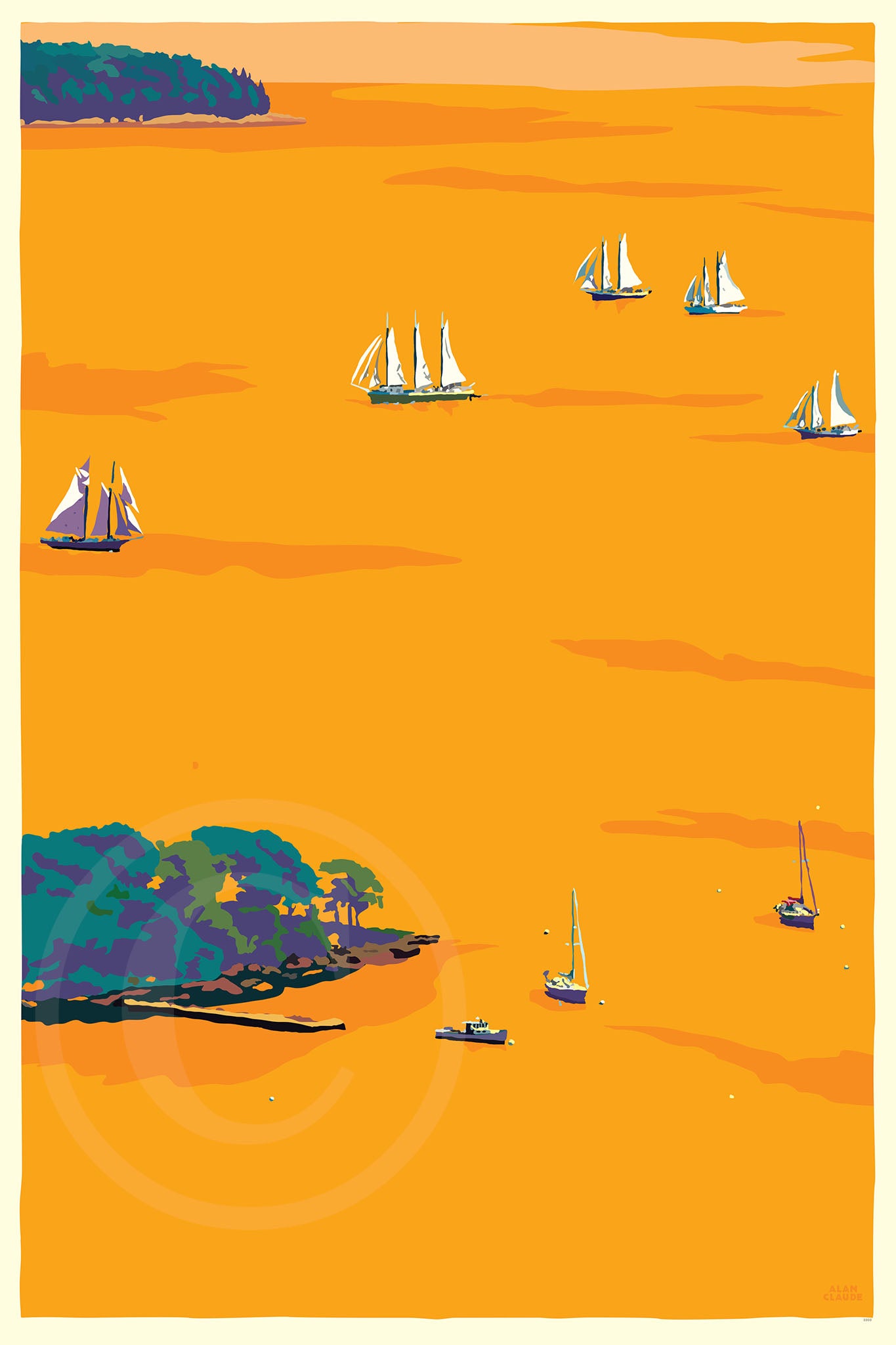 Sunset Schooners in Camden Harbor Art Print 24" x 36" Wall Poster By Alan Claude - Maine