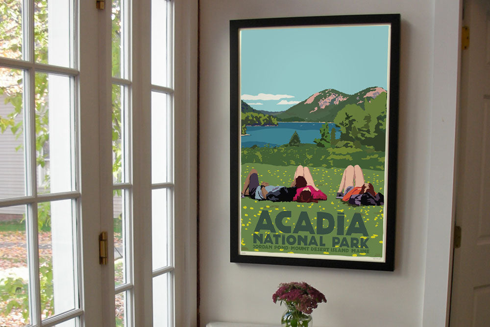 Hikers in Acadia National Park Art Print 24" x 36" Framed Wall Poster By Alan Claude - Maine