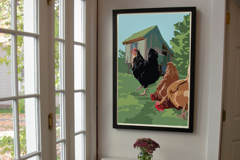 Spring Chickens Art Print 24" x 36" Framed Wall Poster By Alan Claude - Maine