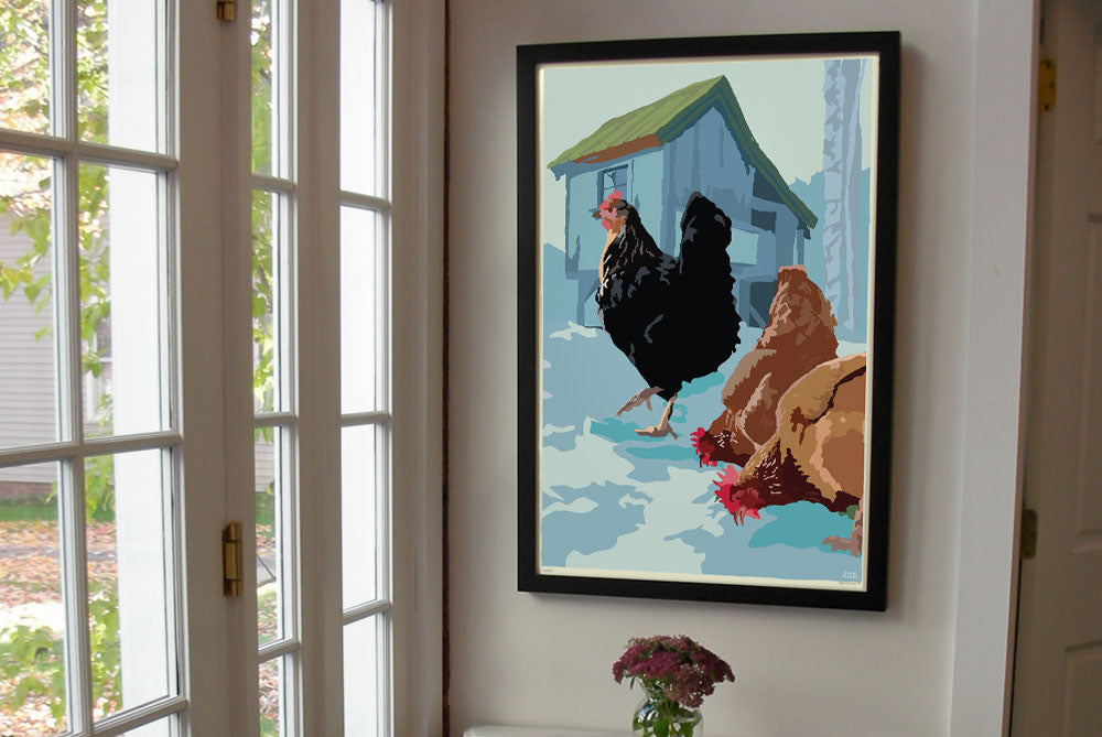 Winter Chickens Art Print 24" x 36" Framed Wall Poster By Alan Claude - Maine