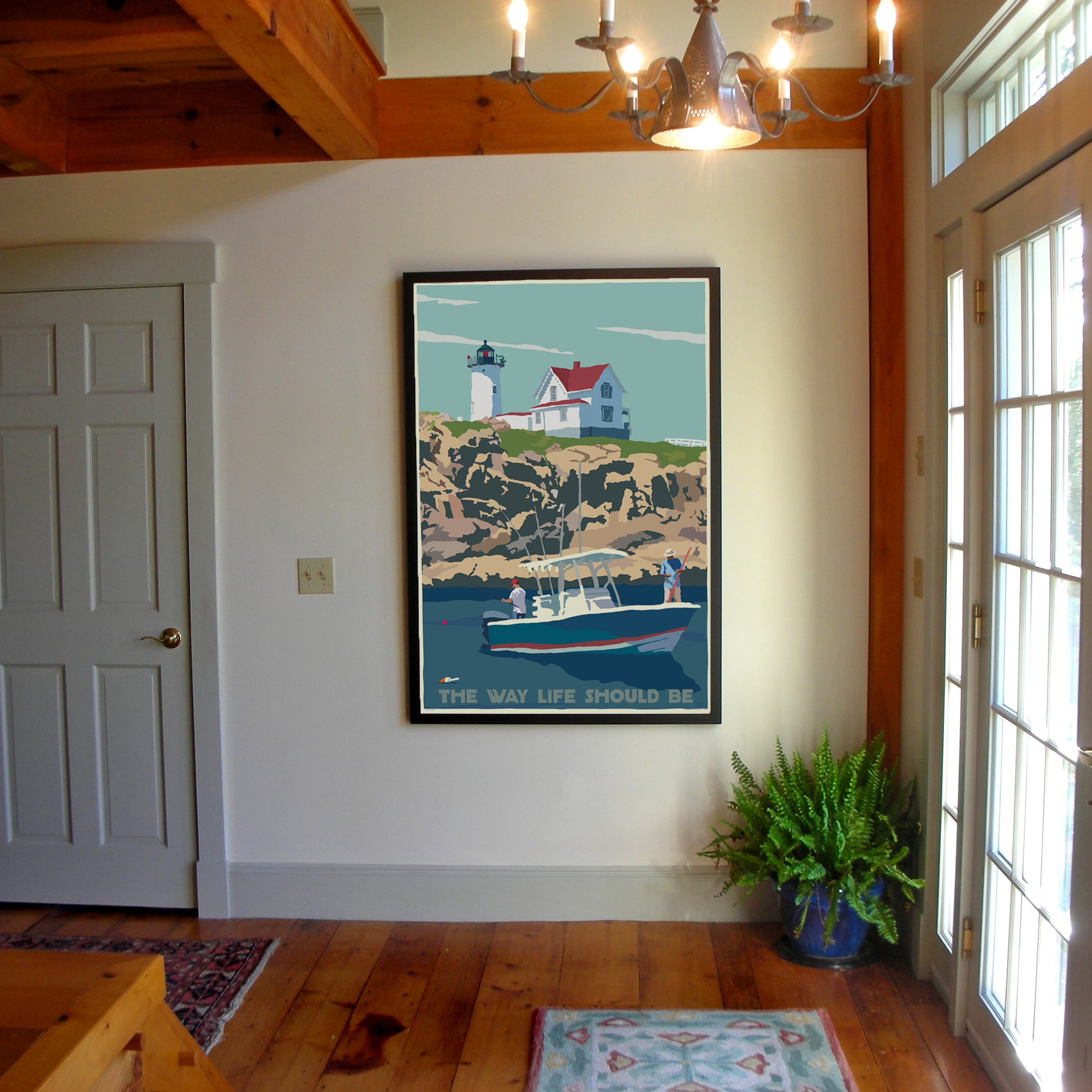Fishing At The Nubble Art Print 36" x 53" Framed Travel Poster - Maine