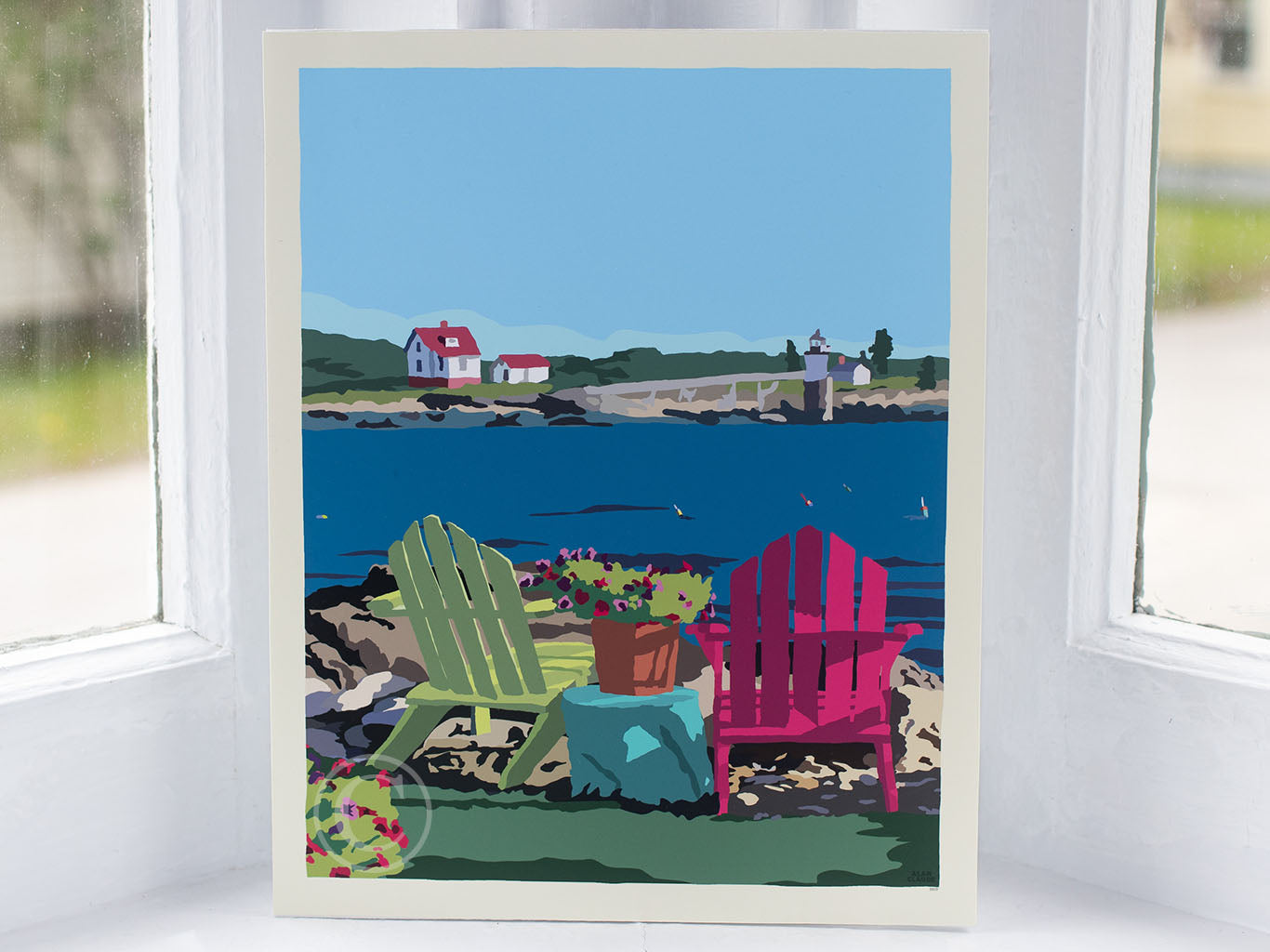 Chairs Overlooking Ram Island Art Print 8" x 10" Wall Poster By Alan Claude - Maine