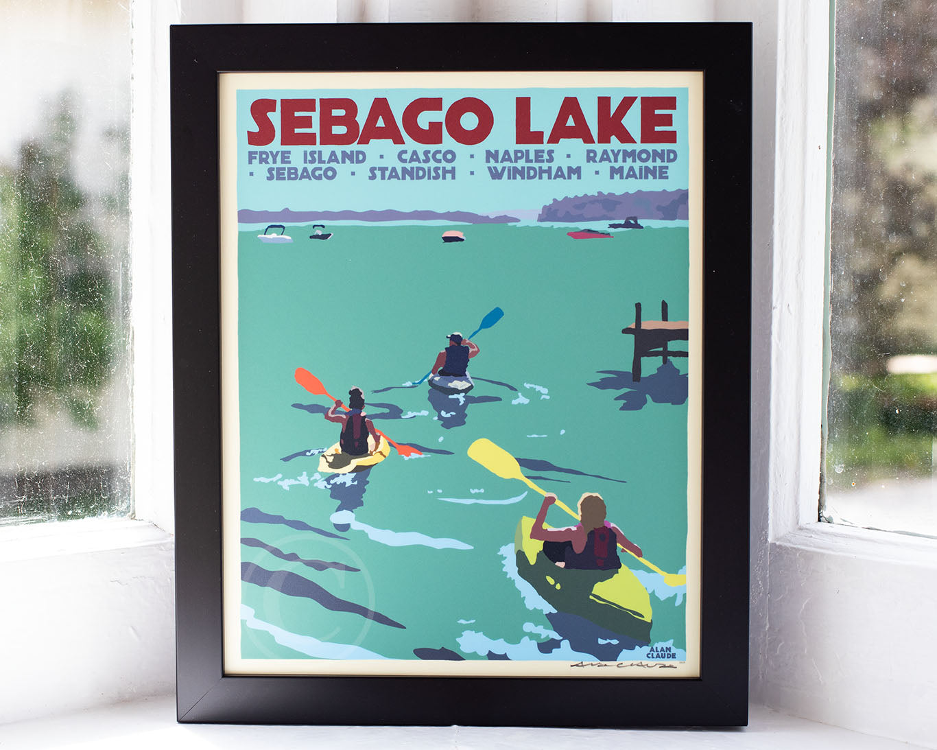 Sebago Lake kayakers Art Print 8" x 10" Framed Travel Poster By Alan Claude - Maine