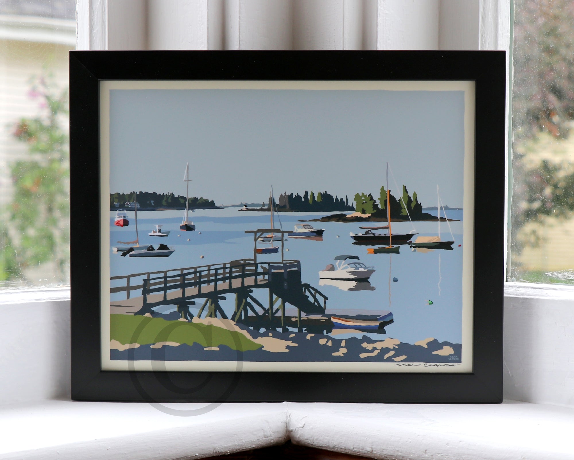Sailboats in Boothbay Harbor Art Print 8" x 10" Horizontal Framed Wall Poster By Alan Claude - Maine