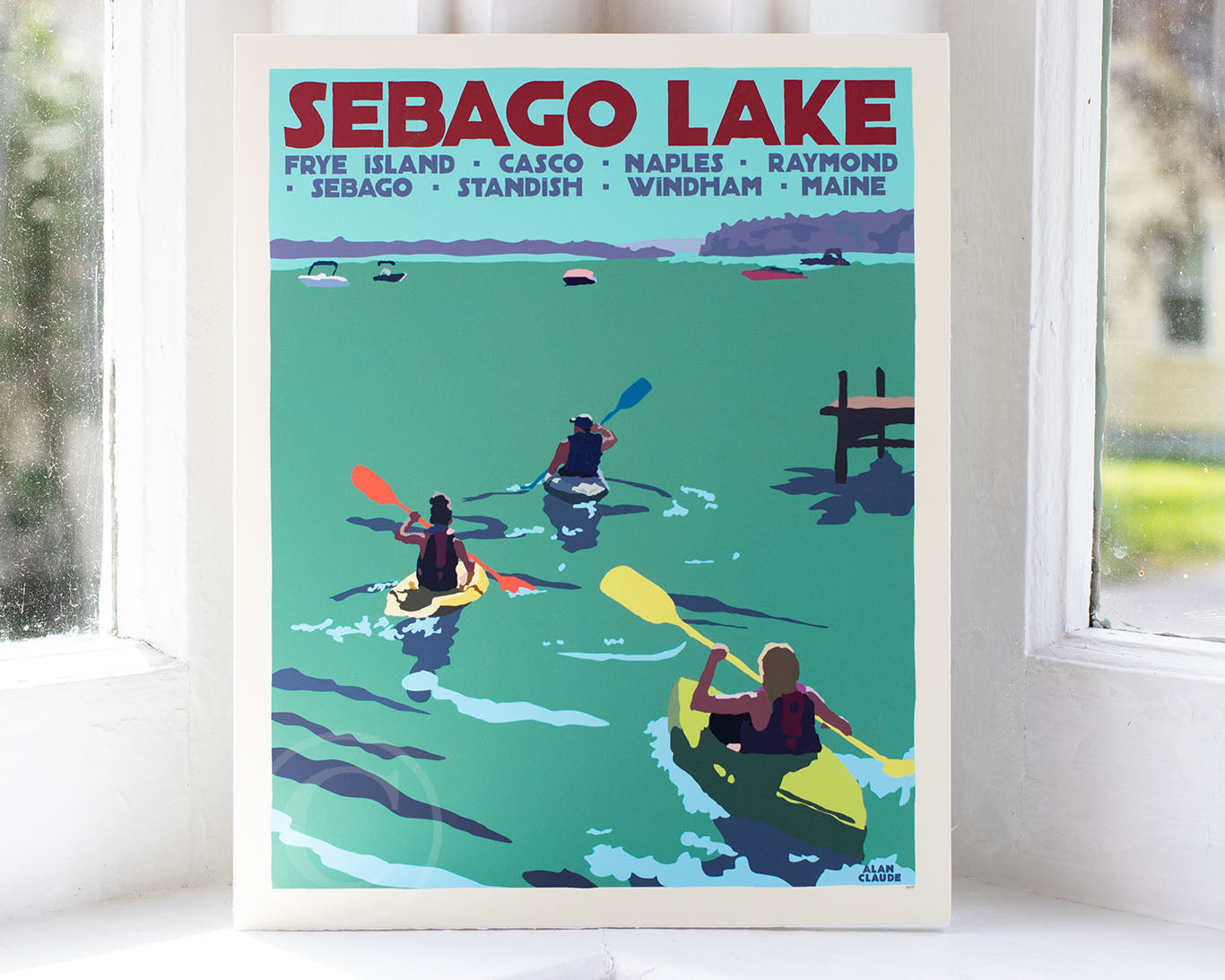 Sebago Lake kayakers Art Print 8" x 10" Travel Poster By Alan Claude - Maine by Alan Claude