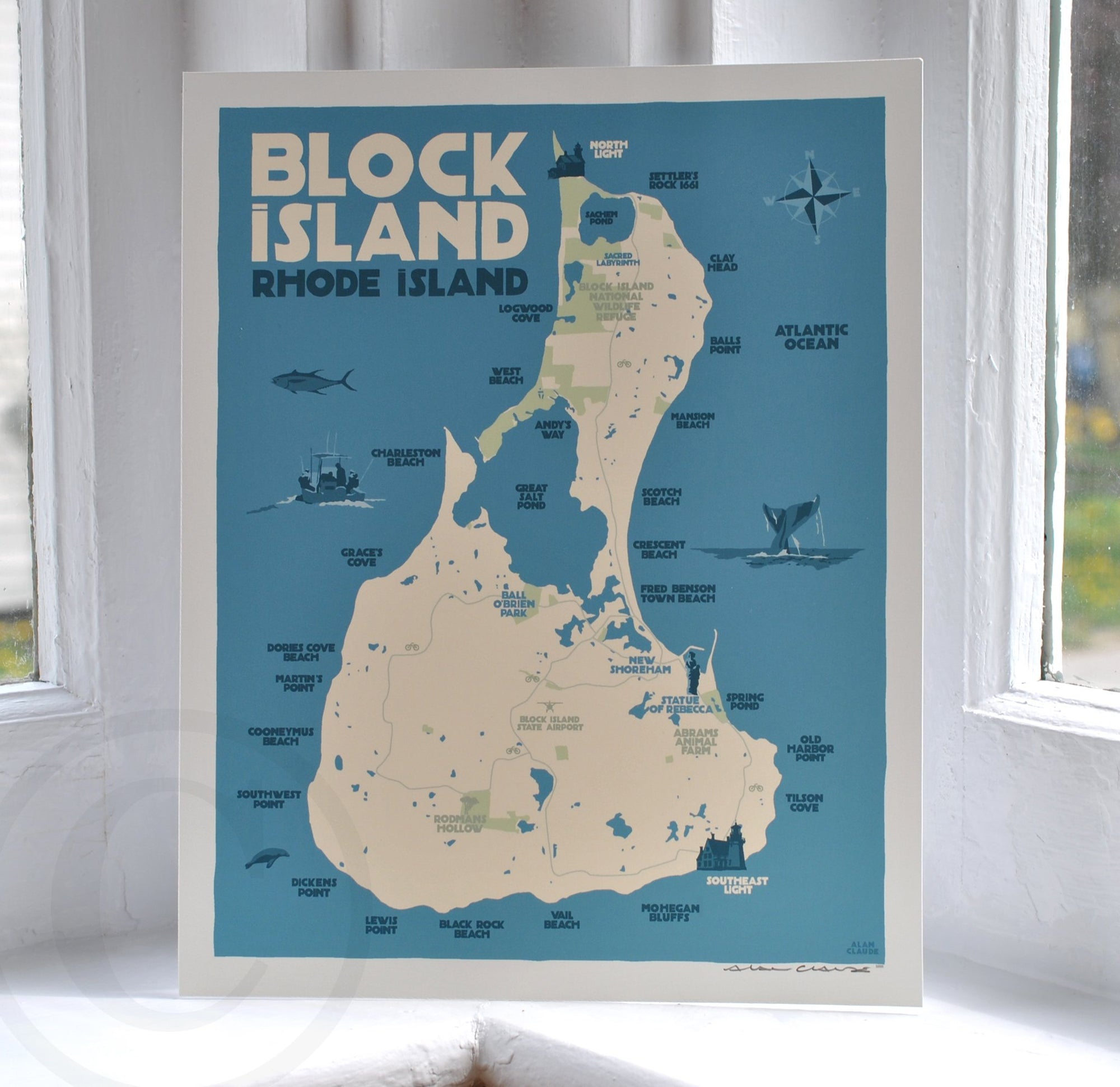Block Island Map Art Print 8" x 10" Wall Poster By Alan Claude - Rhode Island
