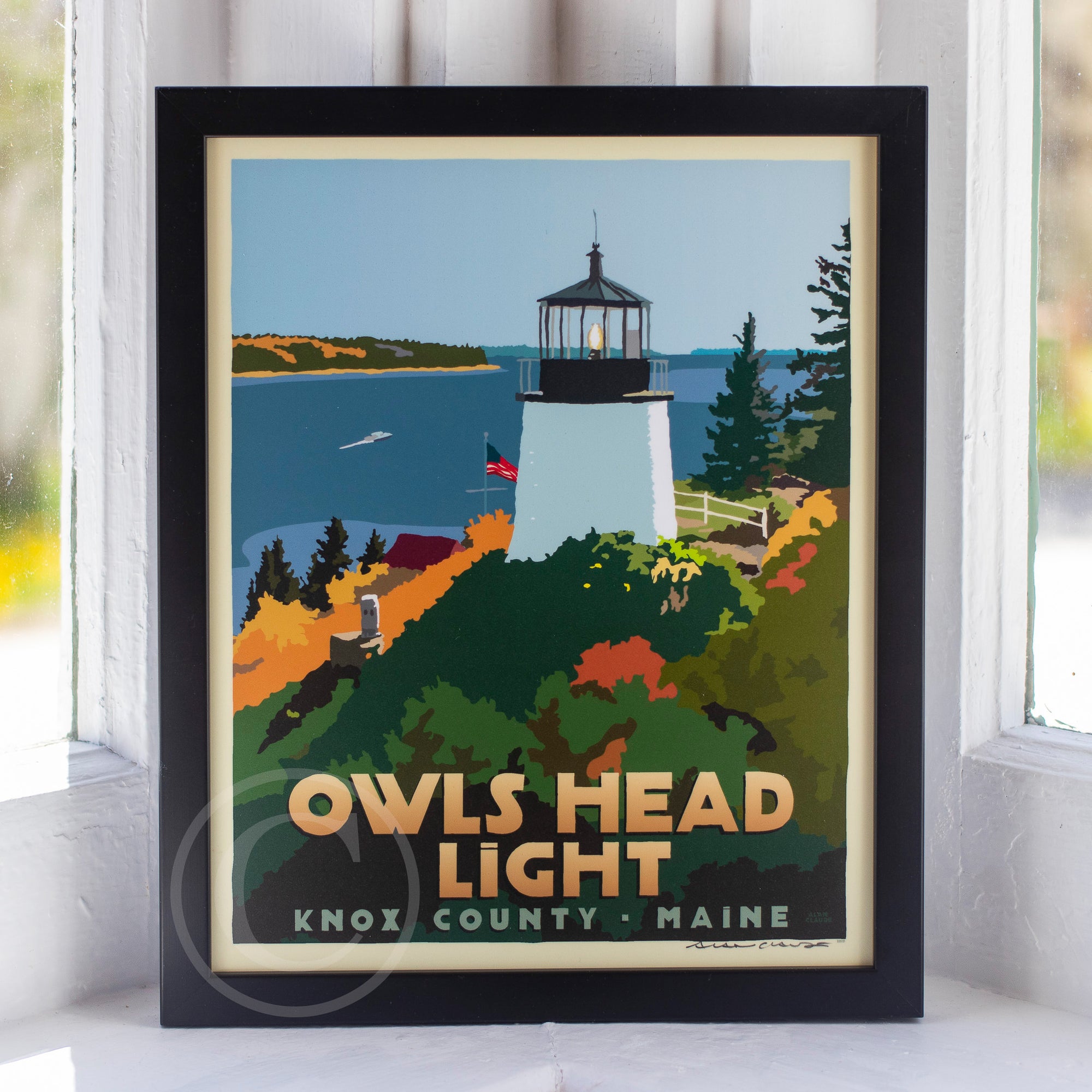 Above Owls Head Light Art Print 8" x 10" Framed Travel Poster By Alan Claude - Maine