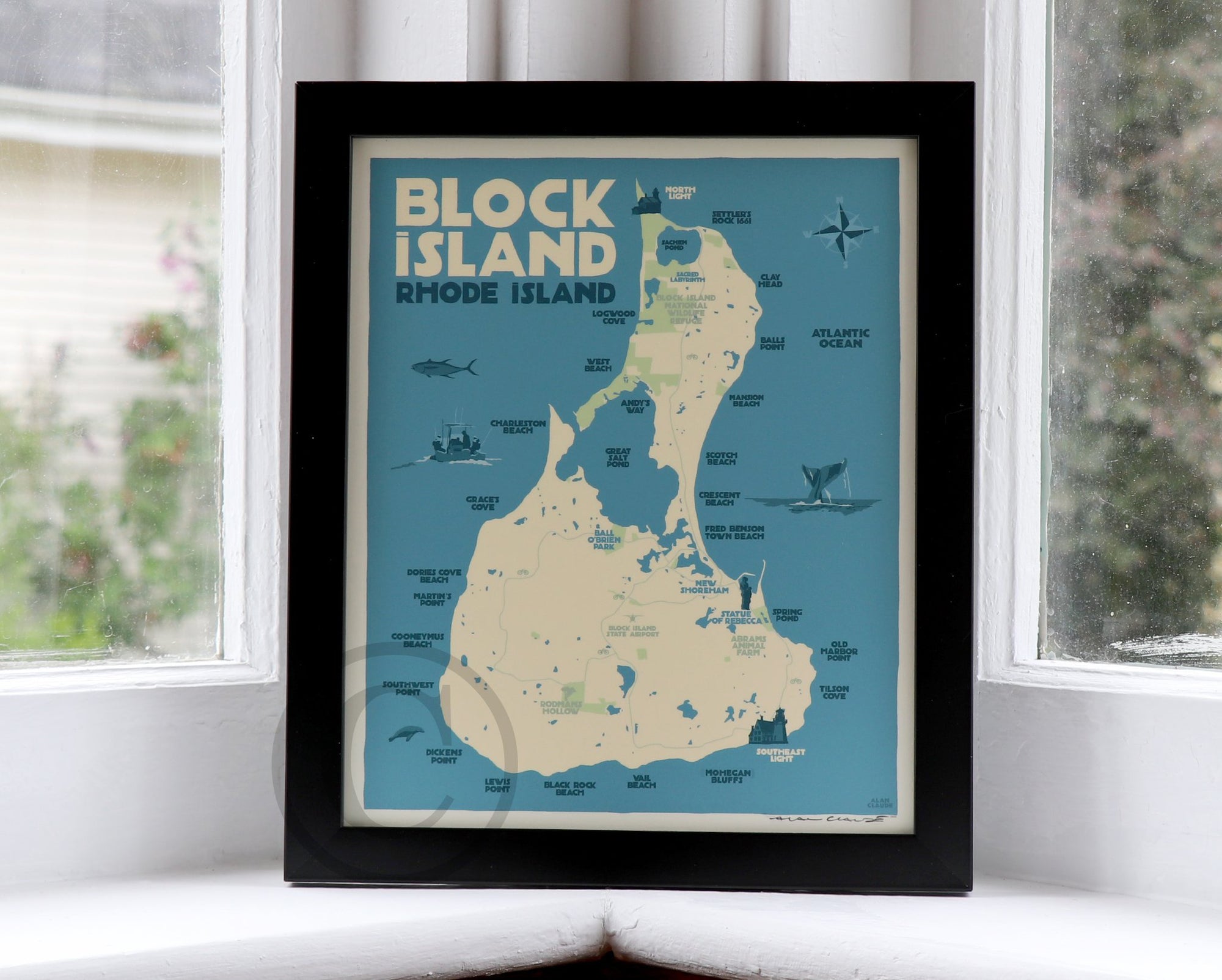 Block Island Map Art Print 8" x 10" Framed Wall Poster By Alan Claude - Rhode Island