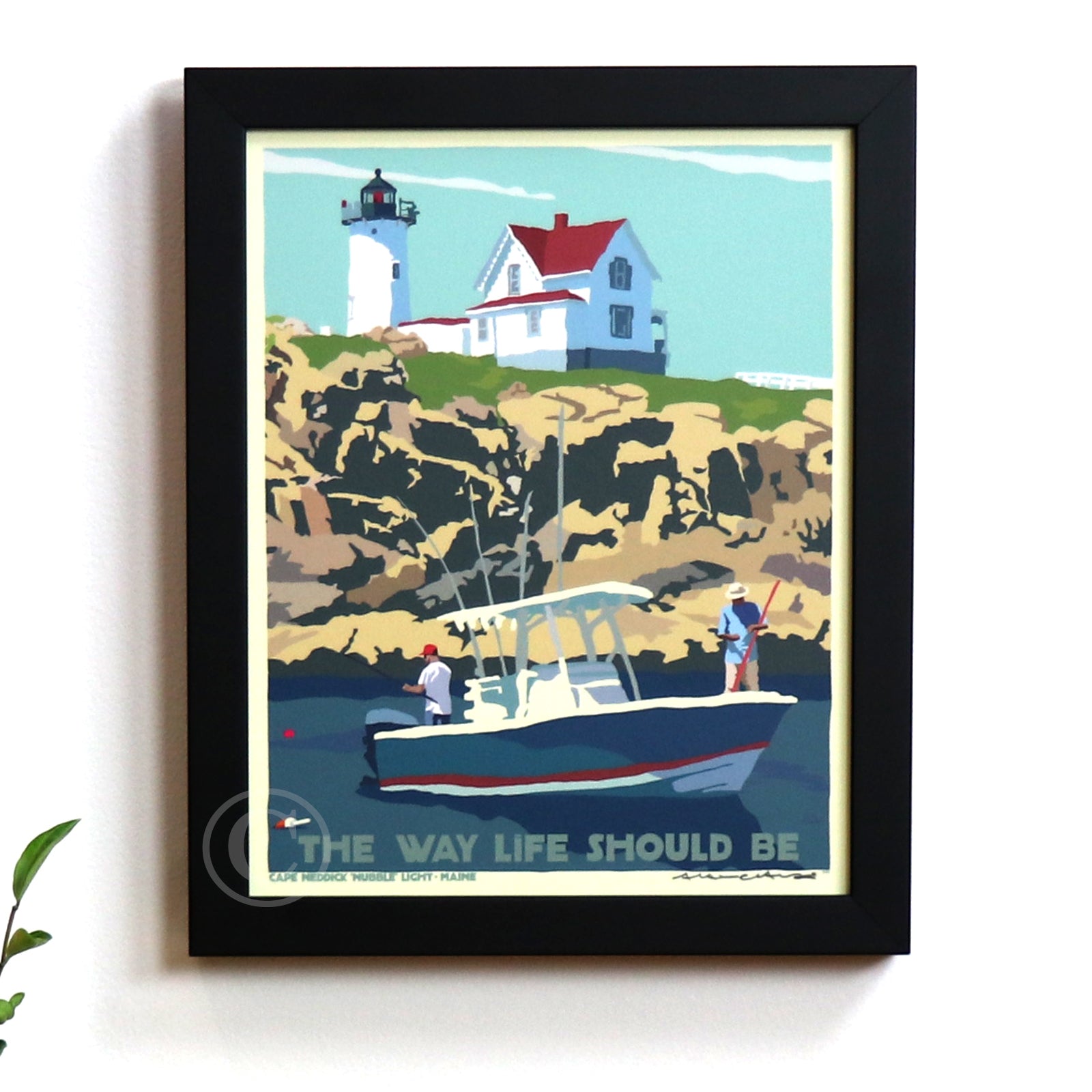 Fishing at the Nubble Art Print 8" x 10" Framed Travel Poster By Alan Claude - Maine