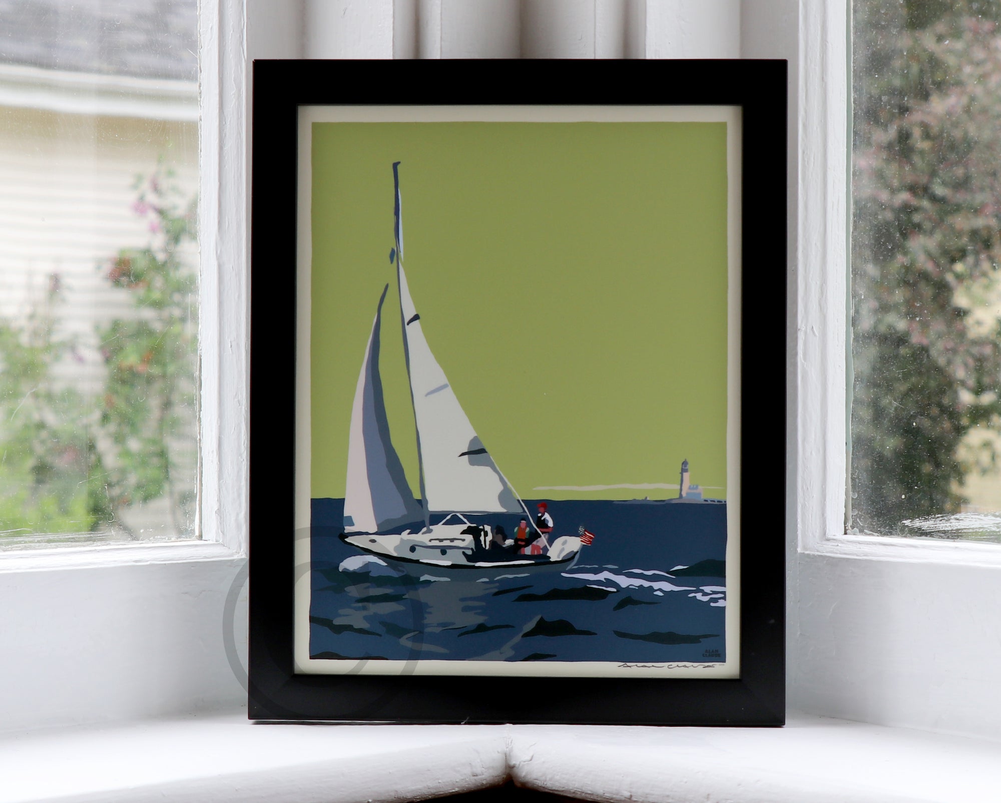 Sailing Half Way Rock Light Art Print 8" x 10" Framed Travel Poster By Alan Claude - Maine