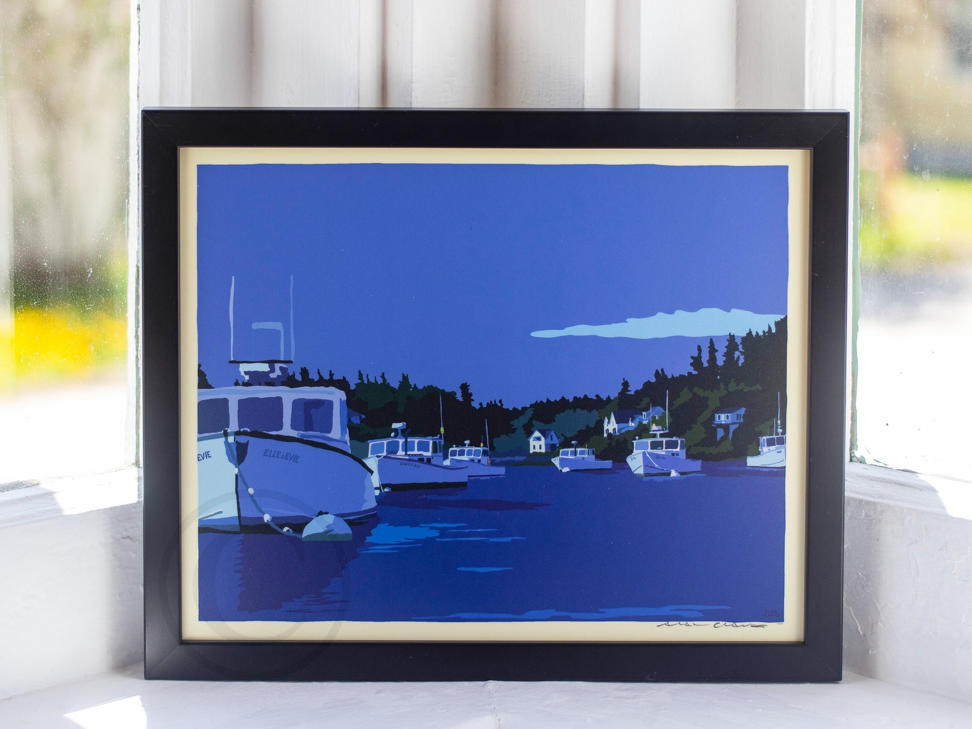 Moonlight Over Port Clyde Art Print 8" x 10" Horizontal Framed Wall Poster By Alan Claude - Maine