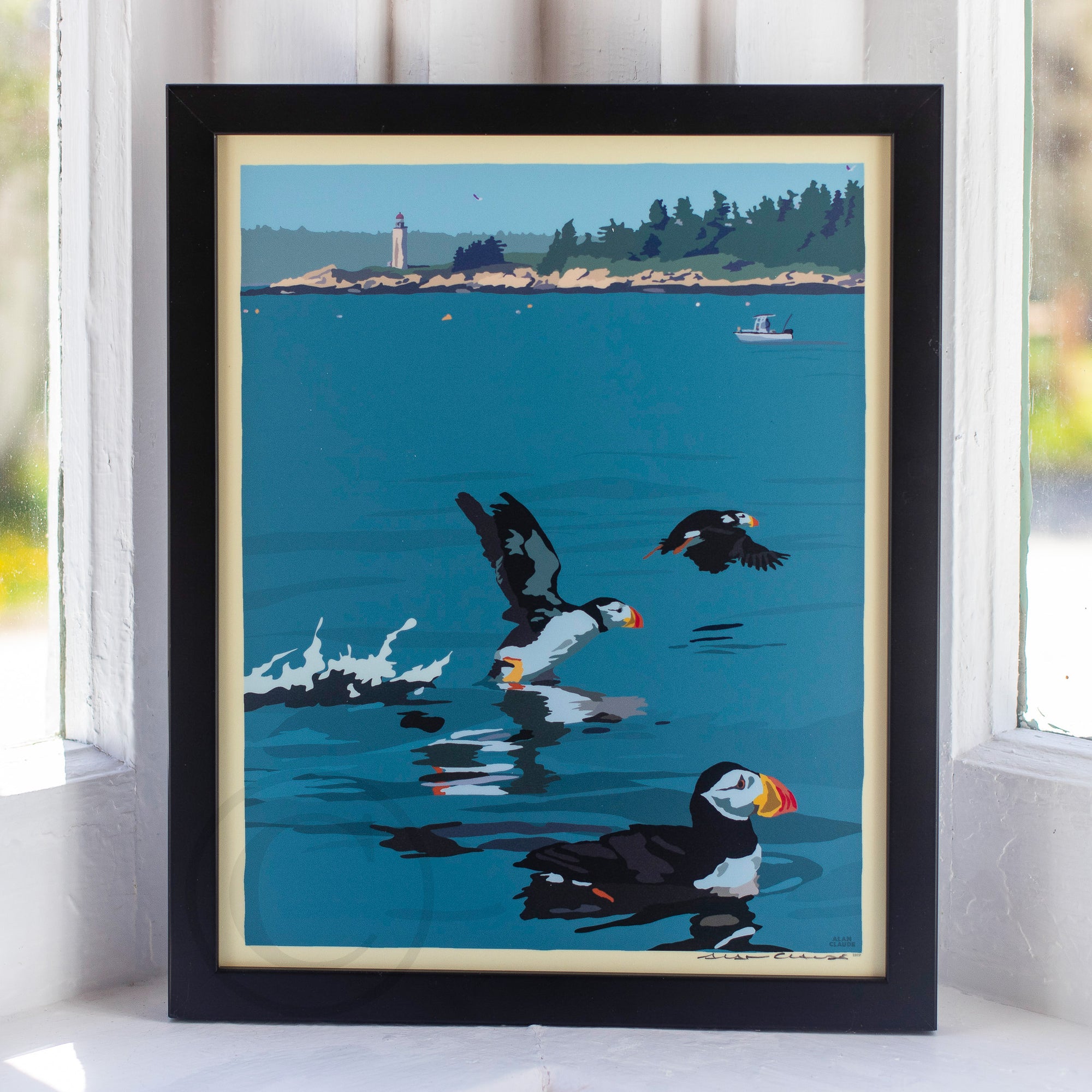 Puffins At Franklin Island Art Print 8" x 10" Framed Wall Poster By Alan Claude - Maine