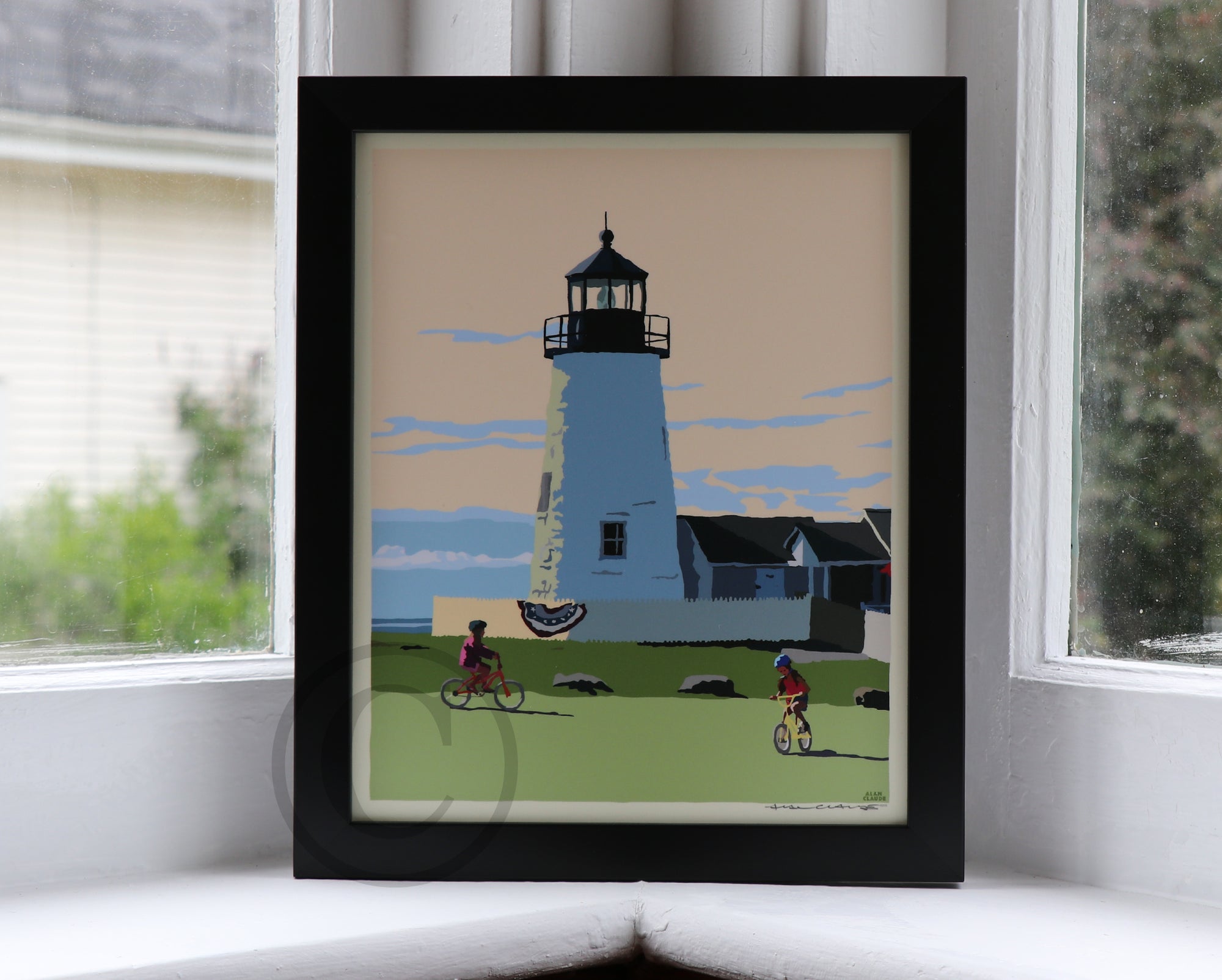 Pemaquid Bicycle Girls Art Print 8" x 10" Framed Poster By Alan Claude - Maine