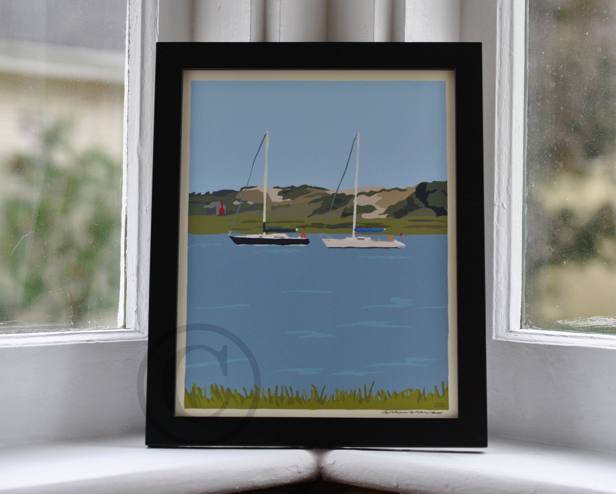 Sailboats at Sandy Neck Art Print 8" x 10" Framed Travel Poster By Alan Claude - Cape Cod