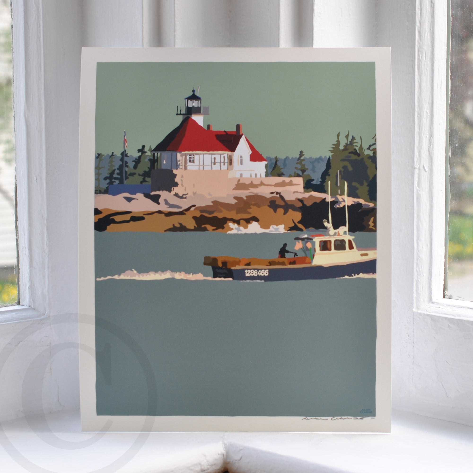 Lobstering at the Cuckolds Light Art Print 8" x 10" Wall Poster By Alan Claude - Maine