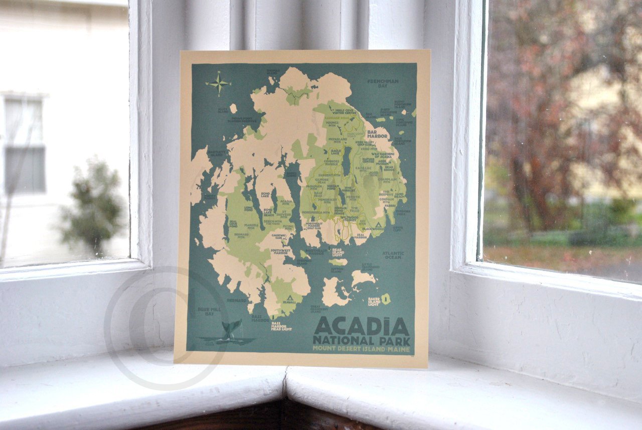 Acadia National Park Map Art Print 8" x 10" Travel Poster By Alan Claude - Maine