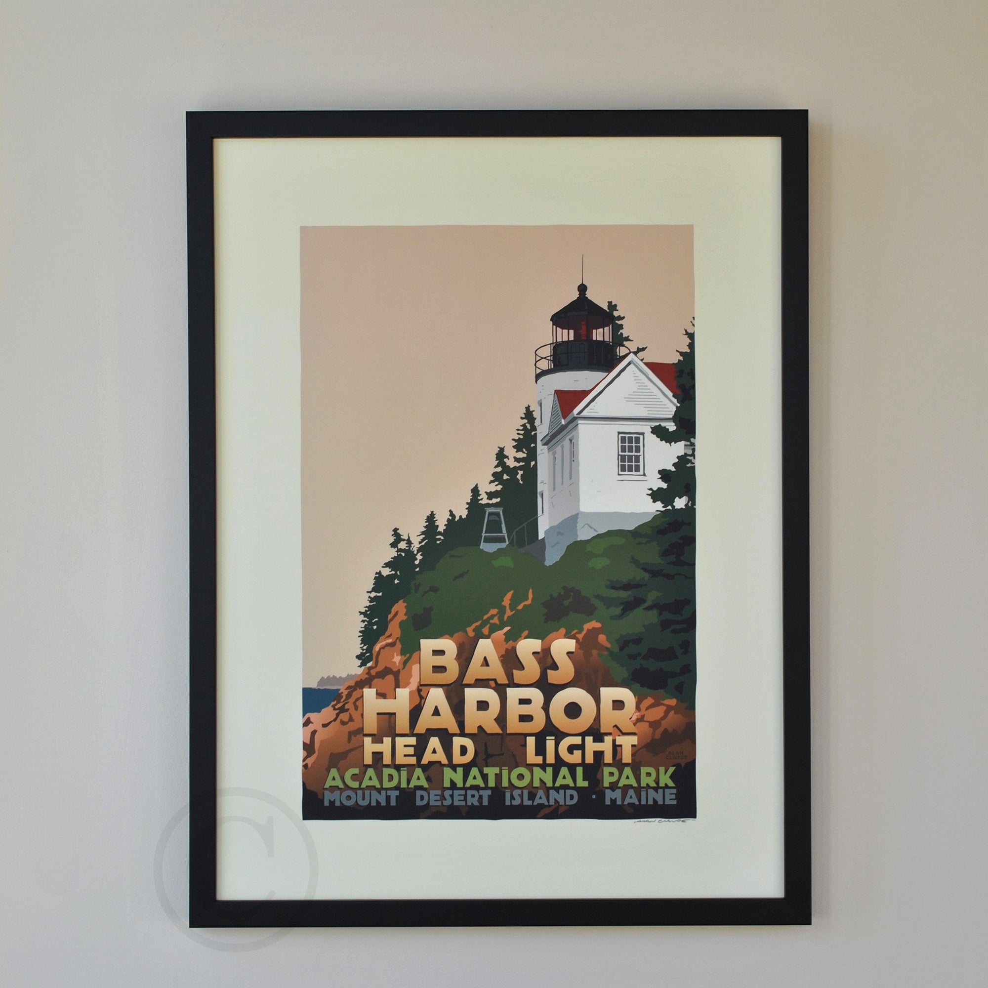Bass Harbor Head Light Art Print 18" x 24" Framed Travel Poster By Alan Claude - Maine