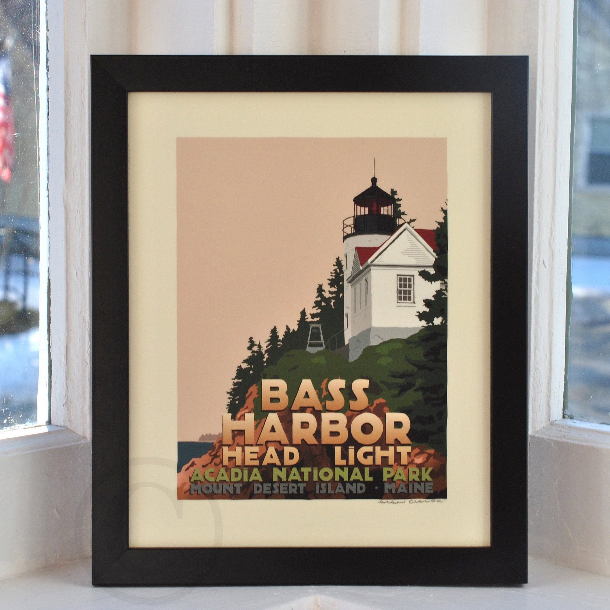 Bass Harbor Head Light Art Print 8" x 10" Framed Travel Poster By Alan Claude - Maine