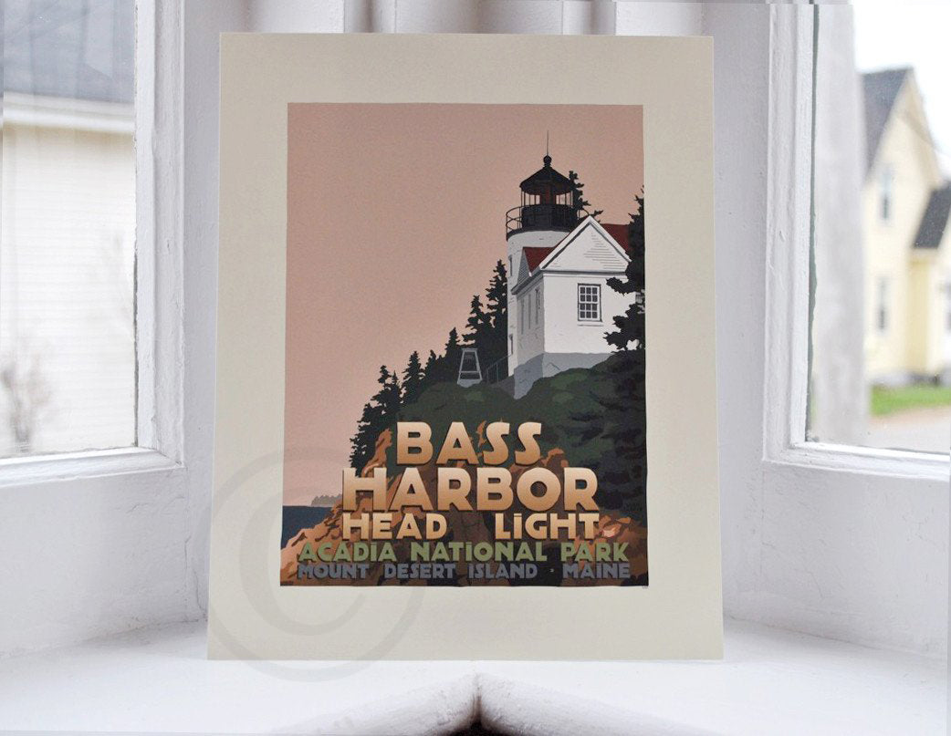Bass Harbor Head Light Art Print 8" x 10" Travel Poster By Alan Claude - Maine
