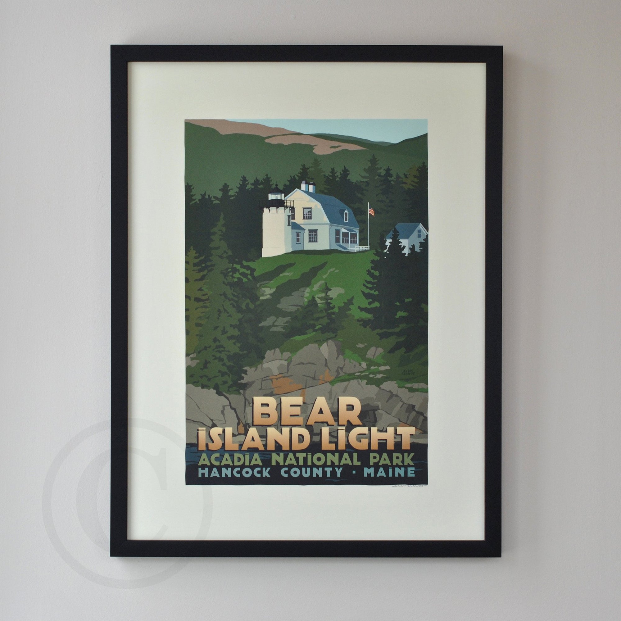 Bear Island Light Art Print 18" x 24" Framed Travel Poster By Alan Claude - Maine