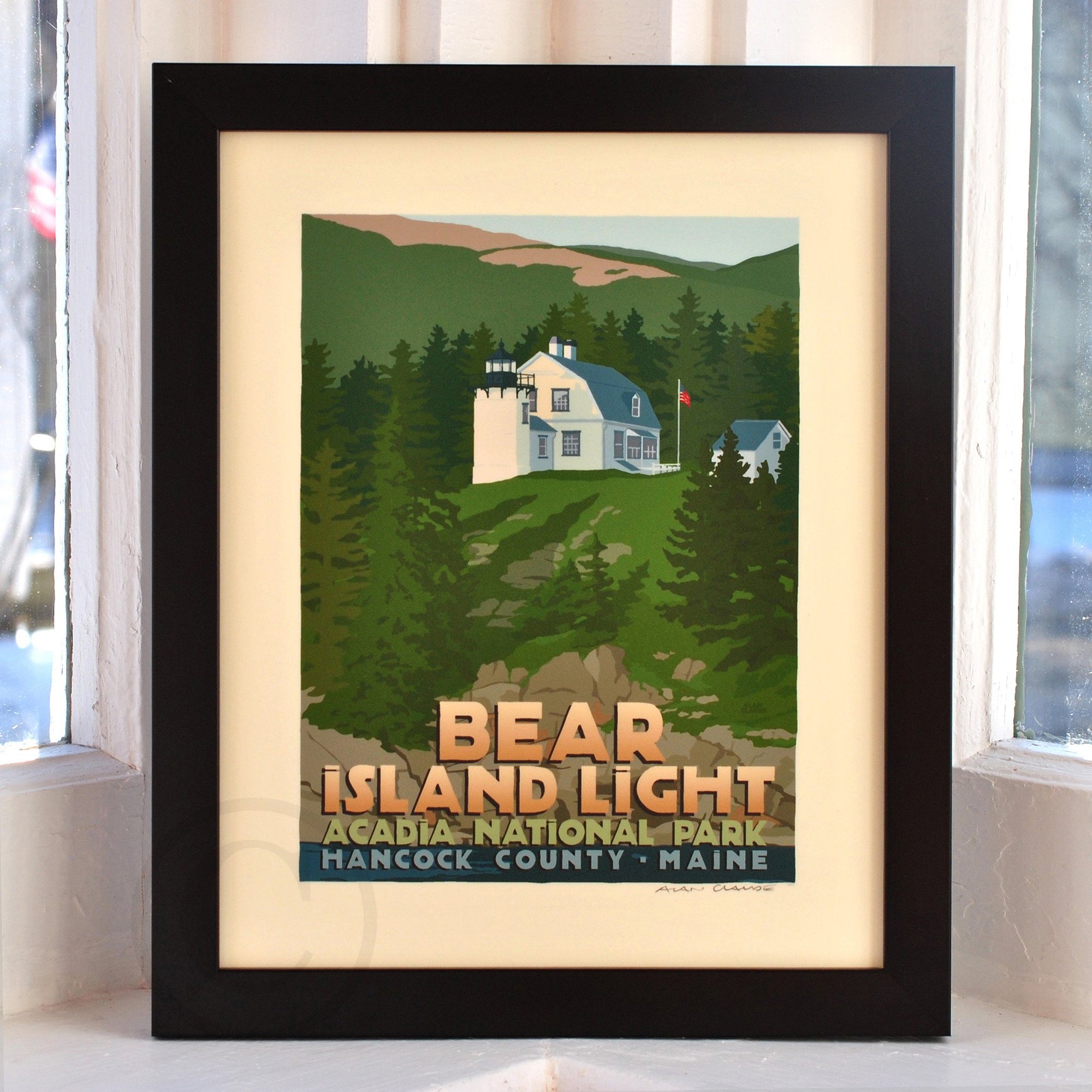 Bear Island Light Art Print 8" x 10" Framed Travel Poster By Alan Claude - Maine
