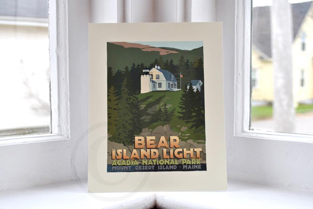 Bear Island Light Art Print 8" x 10" Travel Poster By Alan Claude - Maine