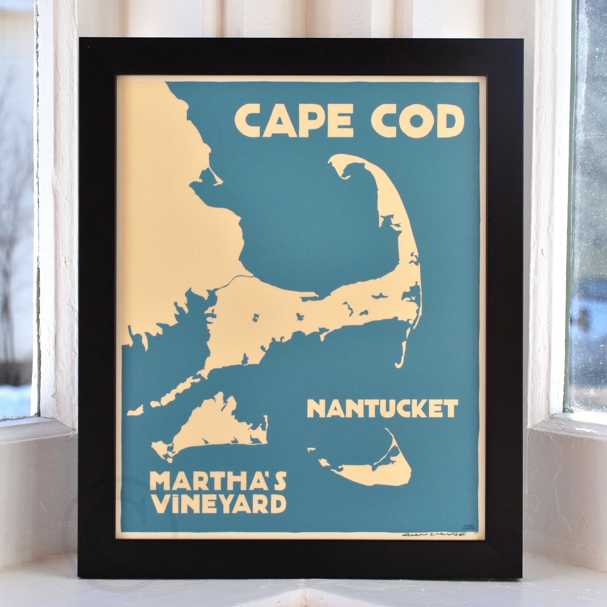 Cape Cod, Martha's Vineyard, Nantucket Map Art Print 8" x 10" Framed Travel Poster By Alan Claude - Massachusetts