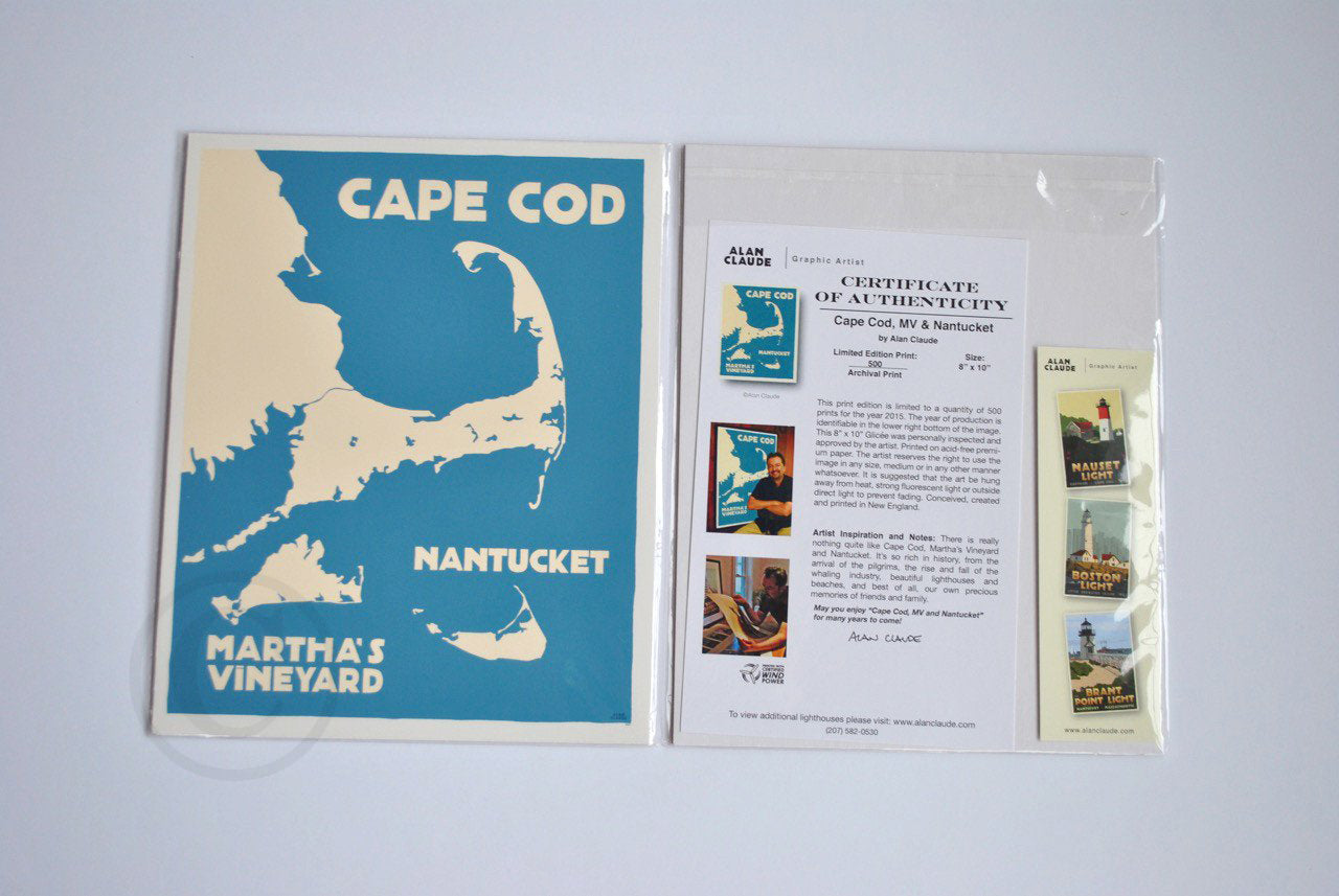 Cape Cod, Martha's Vineyard, Nantucket Map Art Print 8" x 10" Travel Poster By Alan Claude - Massachusetts