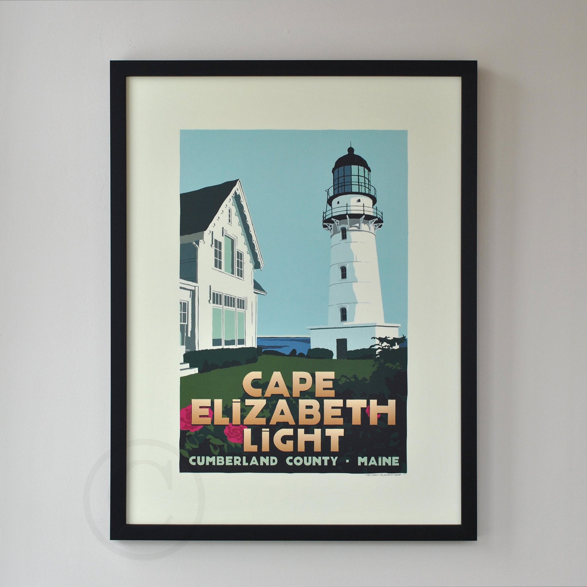 Cape Elizabeth Light Art Print 18" x 24" Framed Travel Poster By Alan Claude - Maine