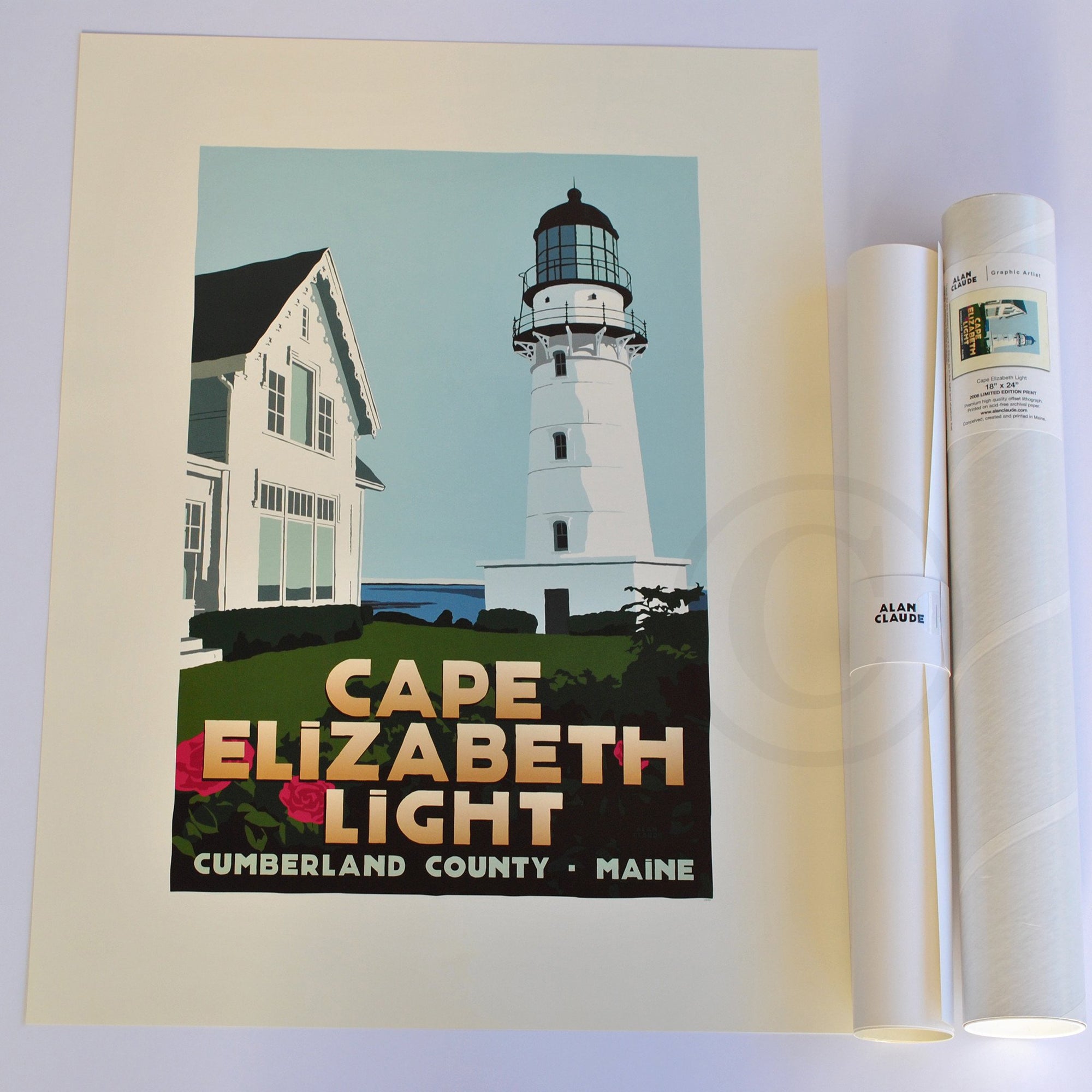Cape Elizabeth Light Art Print 18" x 24" Travel Poster By Alan Claude - Maine