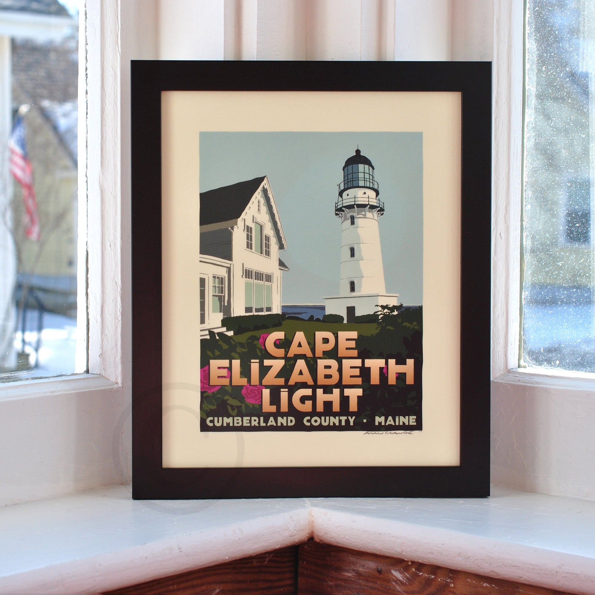 Cape Elizabeth Light Art Print 8" x 10" Framed Travel Poster By Alan Claude - Maine